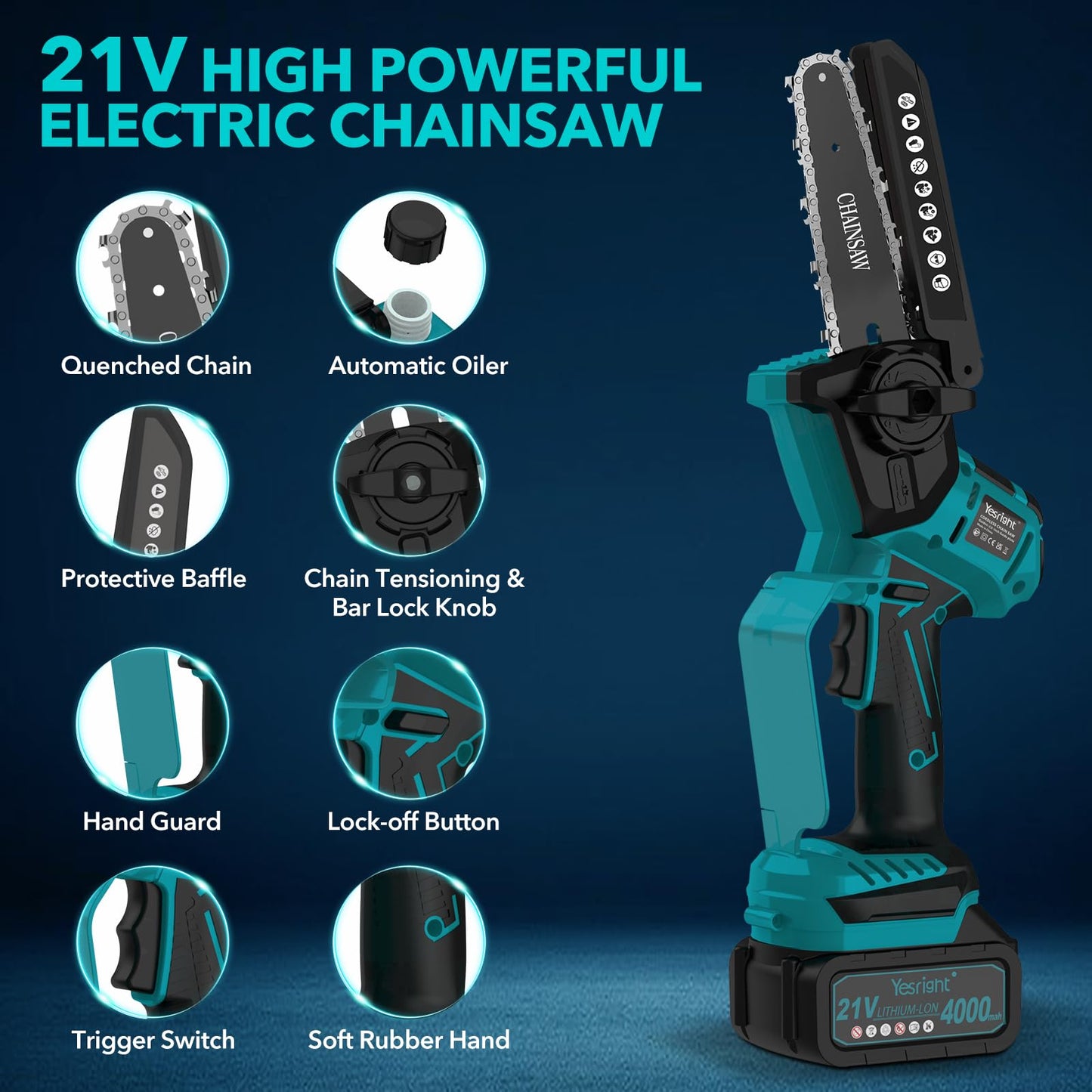 YesRight Mini Chainsaw 8 Inch & 6 Inch Electric Chain Saw with Auto-Oiler, Brushless Cordless Pruning Chainsaw with 2x4.0Ah Batteries & Security Lock for Wood Cutting Tree Trimming
