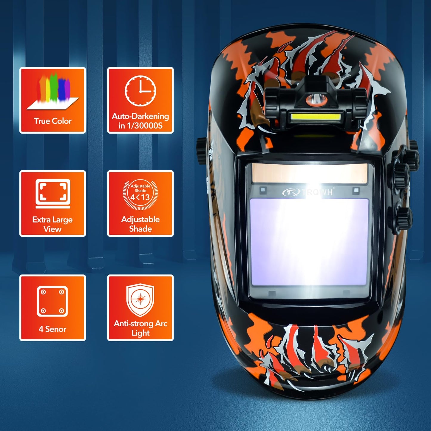 TRQWH Large View 3.94" x 3.15" Welding Helmet Auto Darkening Welding Hood with LED Light Solar Powered True Color 4 Arc Sensor Welding Mask Wide Shade 4/5-9/9-13 Weld Helmet with Grinding (KTS-QLS06)