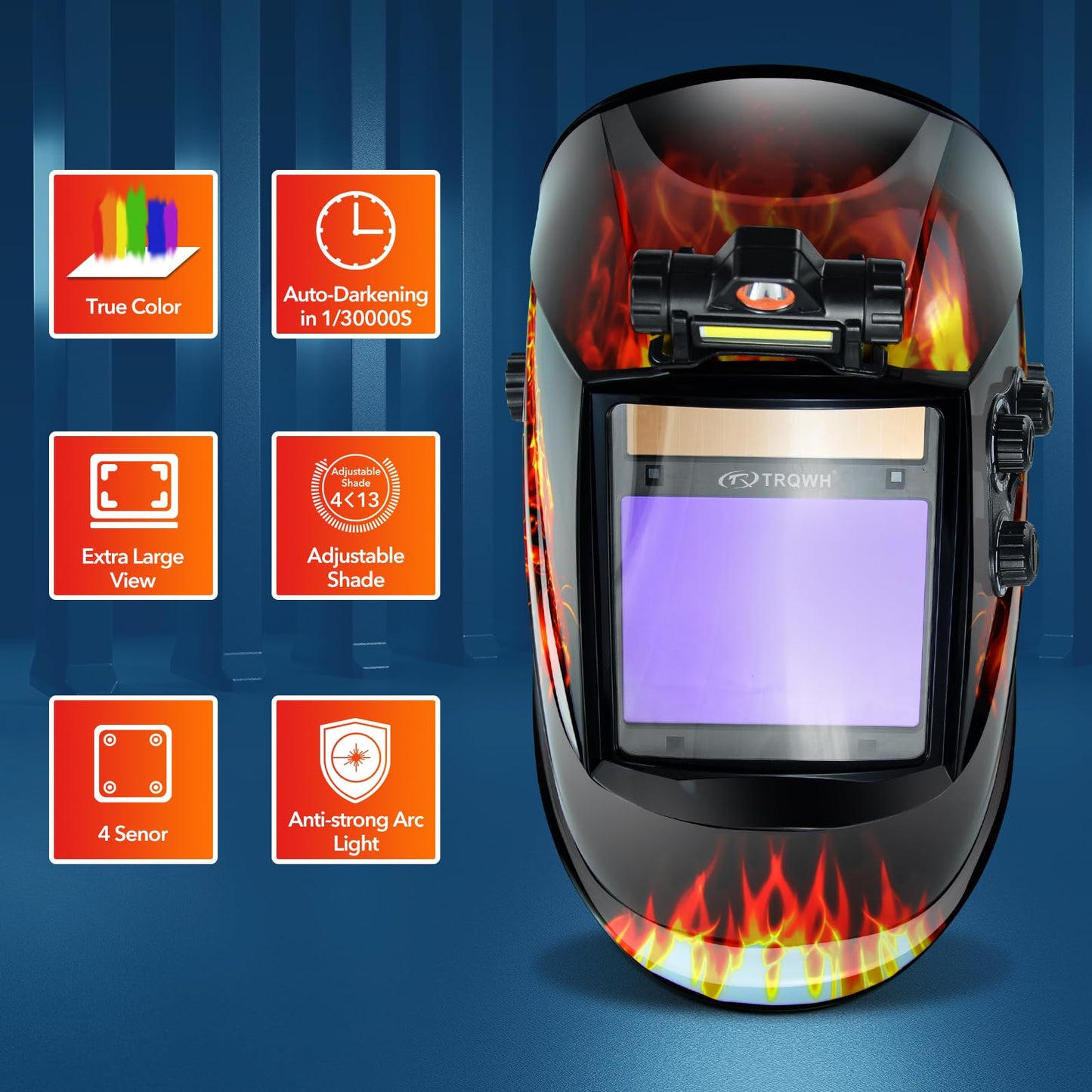 TRQWH Large View 3.94" x 3.15" Welding Helmet Auto Darkening Welding Hood with LED Light Solar Powered True Color 4 Arc Sensor Welding Mask Wide Shade 4/5-9/9-13 Weld Helmet with Grinding (KTS-QLS04)