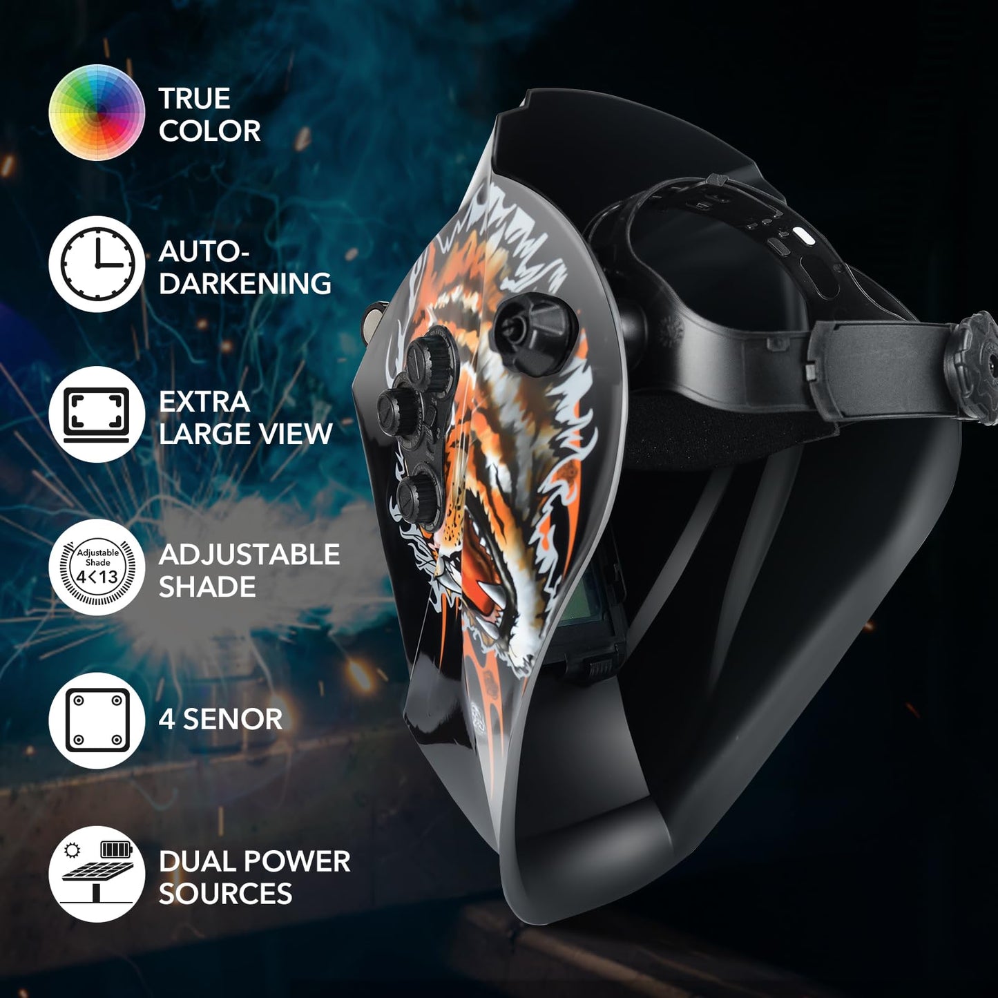 TRQWH Auto Darkening Welding Helmet Large Viewing True Color Solar Powered Welding Hood with 4 Arc Sensor Adjustable Wide Shade Range 4~5-8/9-13 Welder Mask for TIG MIG ARC Weld Plasma Cut Grinding