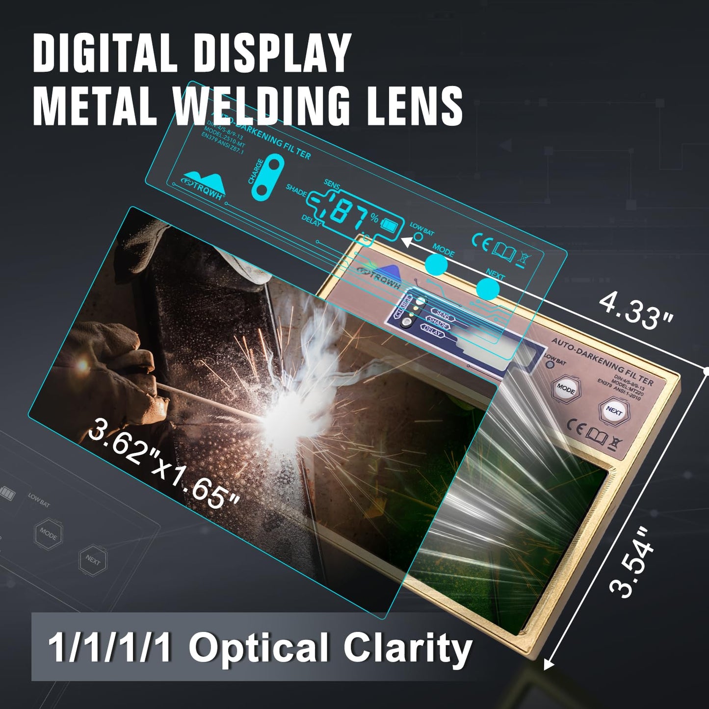 TRQWH Welding Helmet Digital Display Lens Auto Darkening 4.33x3.54in Metal Welding Lens with 2 Arc Sensor Adjustable Shade Range 4/9-13 Welding Hood True Color Lens, Gold