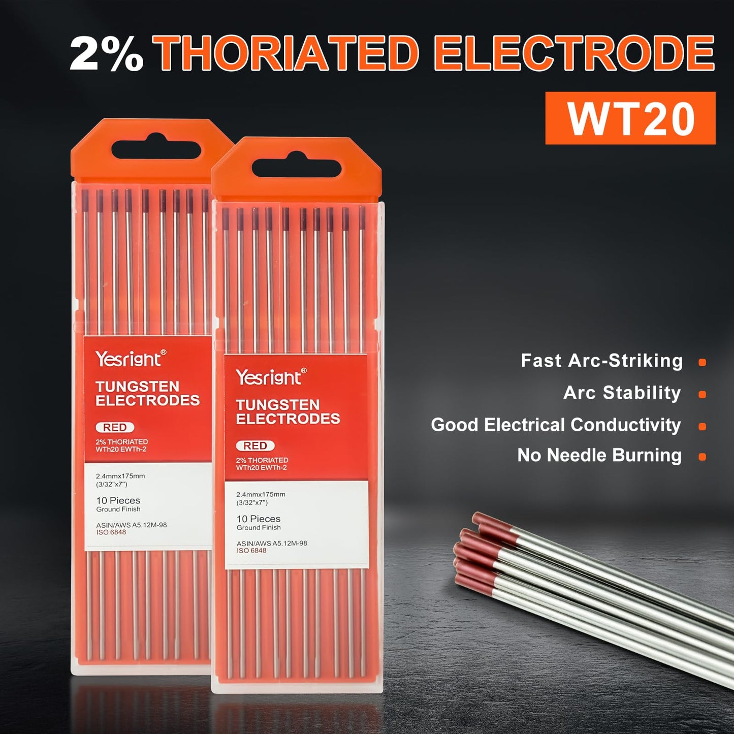 YesRight TIG Tungsten 2% Thoriated Welding Tungsten Electrodes, Tig Welding Accessories for TIG Welding 3/32" x 7", 10-Pack