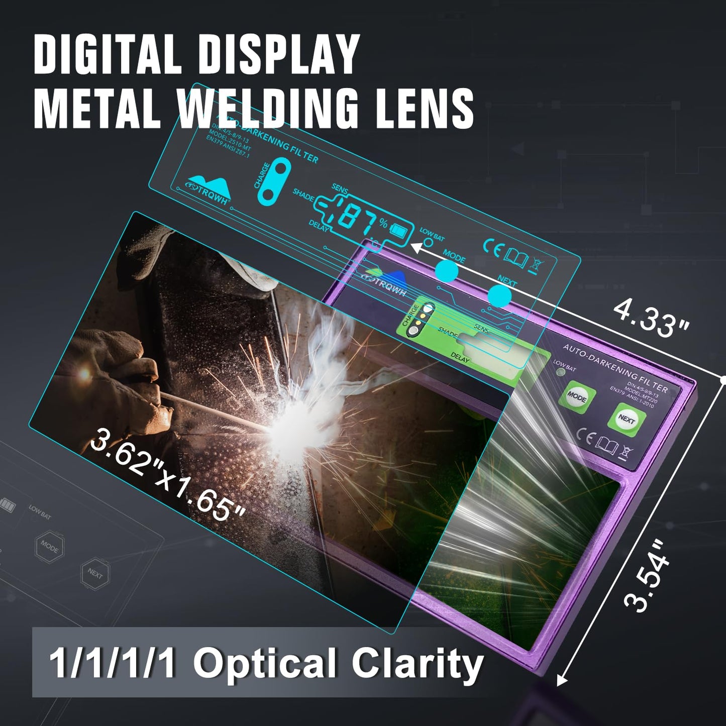 TRQWH Digital Display Welding Helmet Lens Auto Darkening Metal Welding Lens with 2 Arc Sensor Adjustable Shade Range 4/5-13 Welding Hood 4.33x3.54in True Color Lens, Violet
