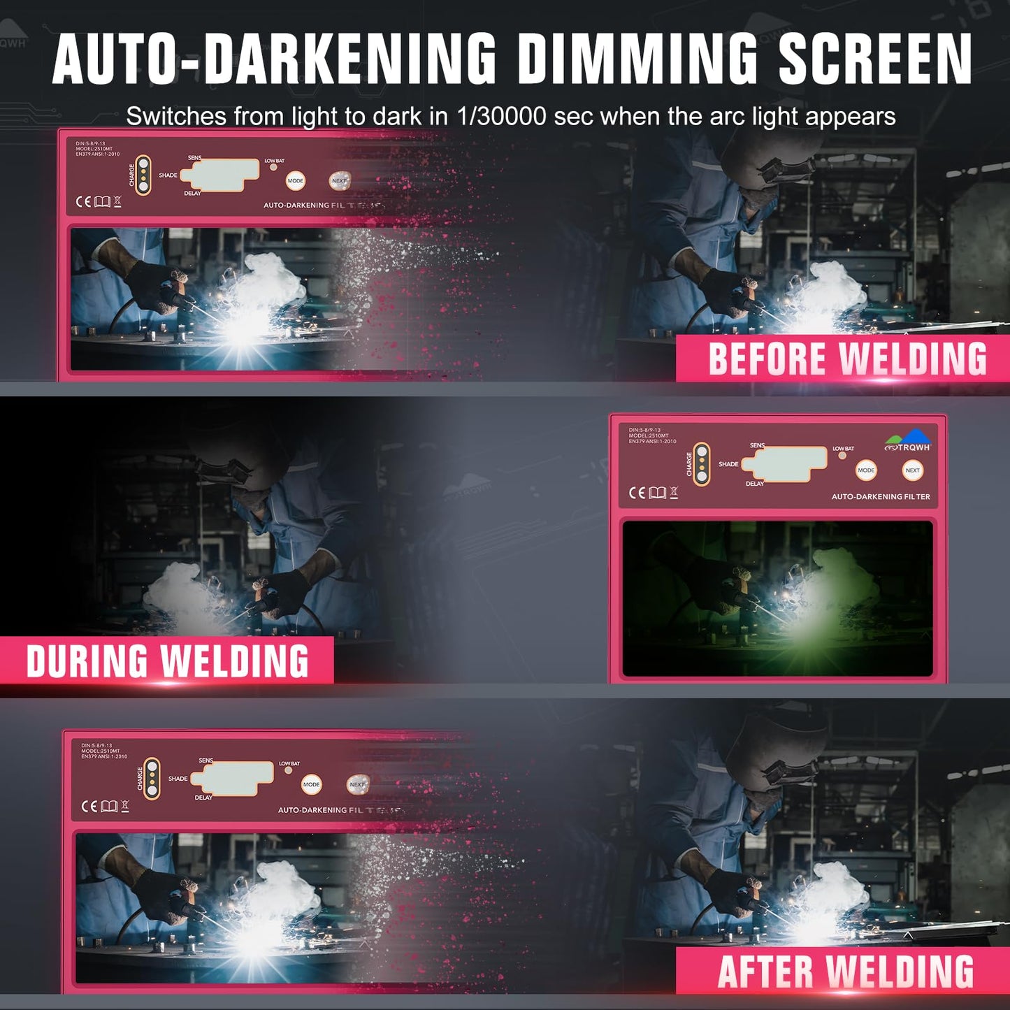 TRQWH Digital Display Metal Auto Darkening Welding Lens 4.33x3.54in True Color Technology Welding Helmet Lens Adjustable Shade Range 4/5-13 HD Automatic Welding Lens for Welding Hood Parts, Rose