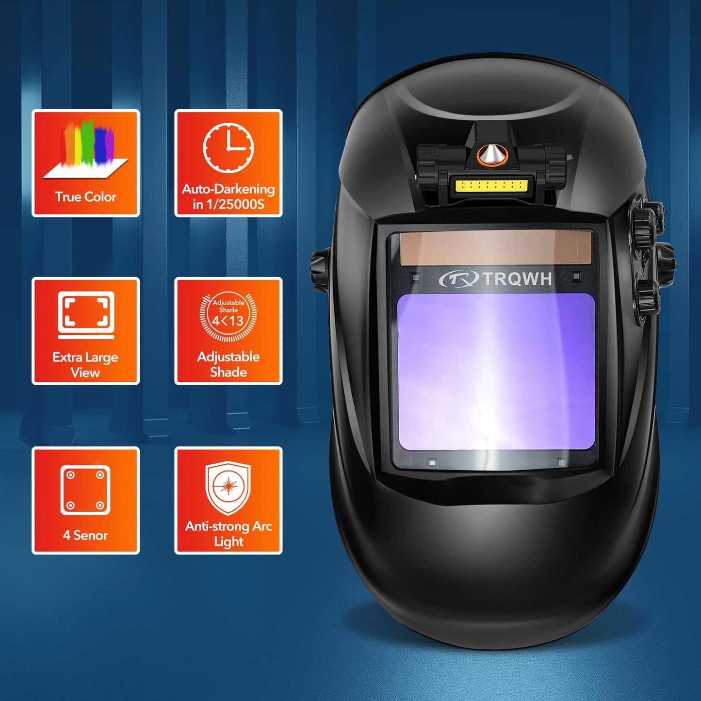 TRQWH Panoramic View Welding Helmet Auto Darkening Welding Hood True Color 4 Arc Sensor Welding Mask Large Viewing 3.94" x 3.15" Wide Shade 4/5-9/9-13 Weld Helmet for TIG MIG ARC Weld (KTS-QLS02)
