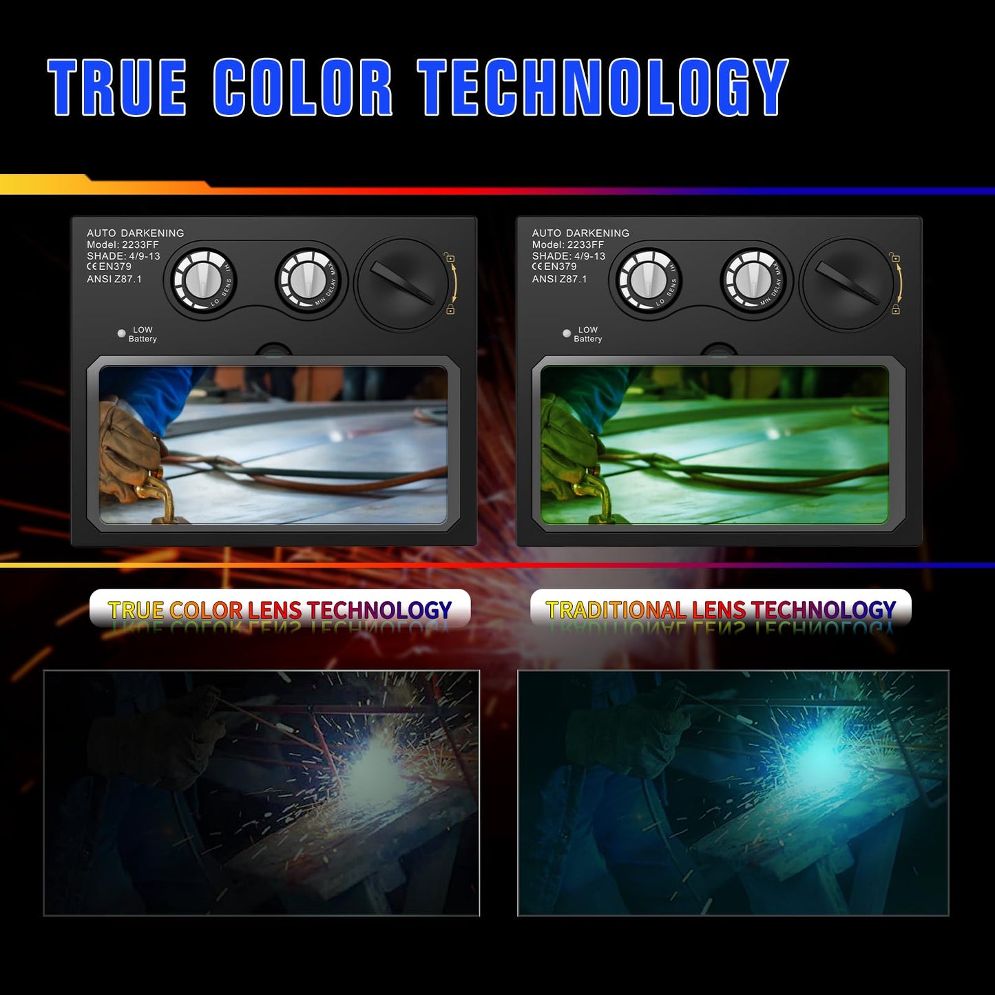 TRQWH Welding Helmet Welding Hood Auto Darkening Solar Powered True Color Welding Mask 2 Arc Sensor Wide Shade 9-13 Flaming Skull Welder Helmet with Grinding Cut for MIG TIG ARC