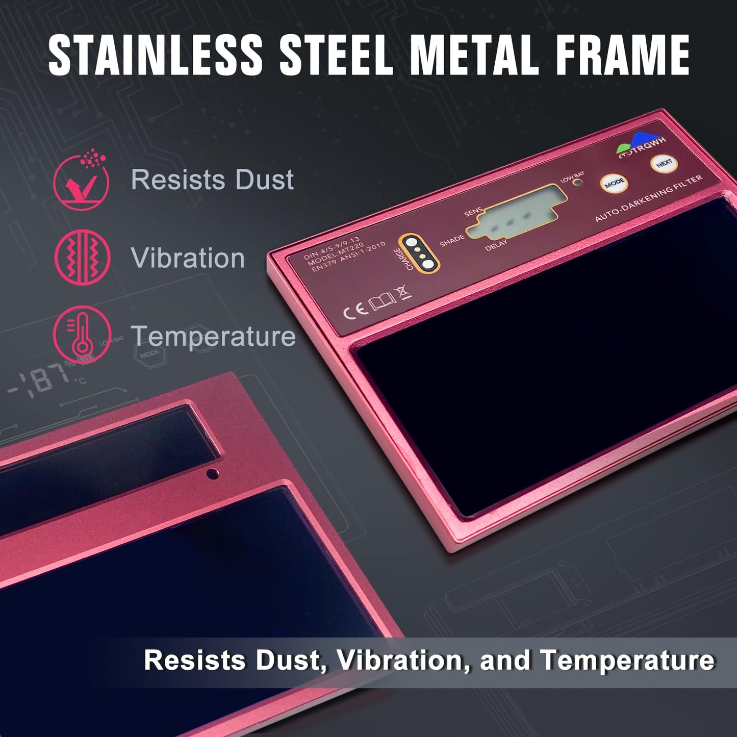 TRQWH Digital Display Metal Auto Darkening Welding Lens 4.33x3.54in True Color Technology Welding Helmet Lens Adjustable Shade Range 4/5-13 HD Automatic Welding Lens for Welding Hood Parts, Rose
