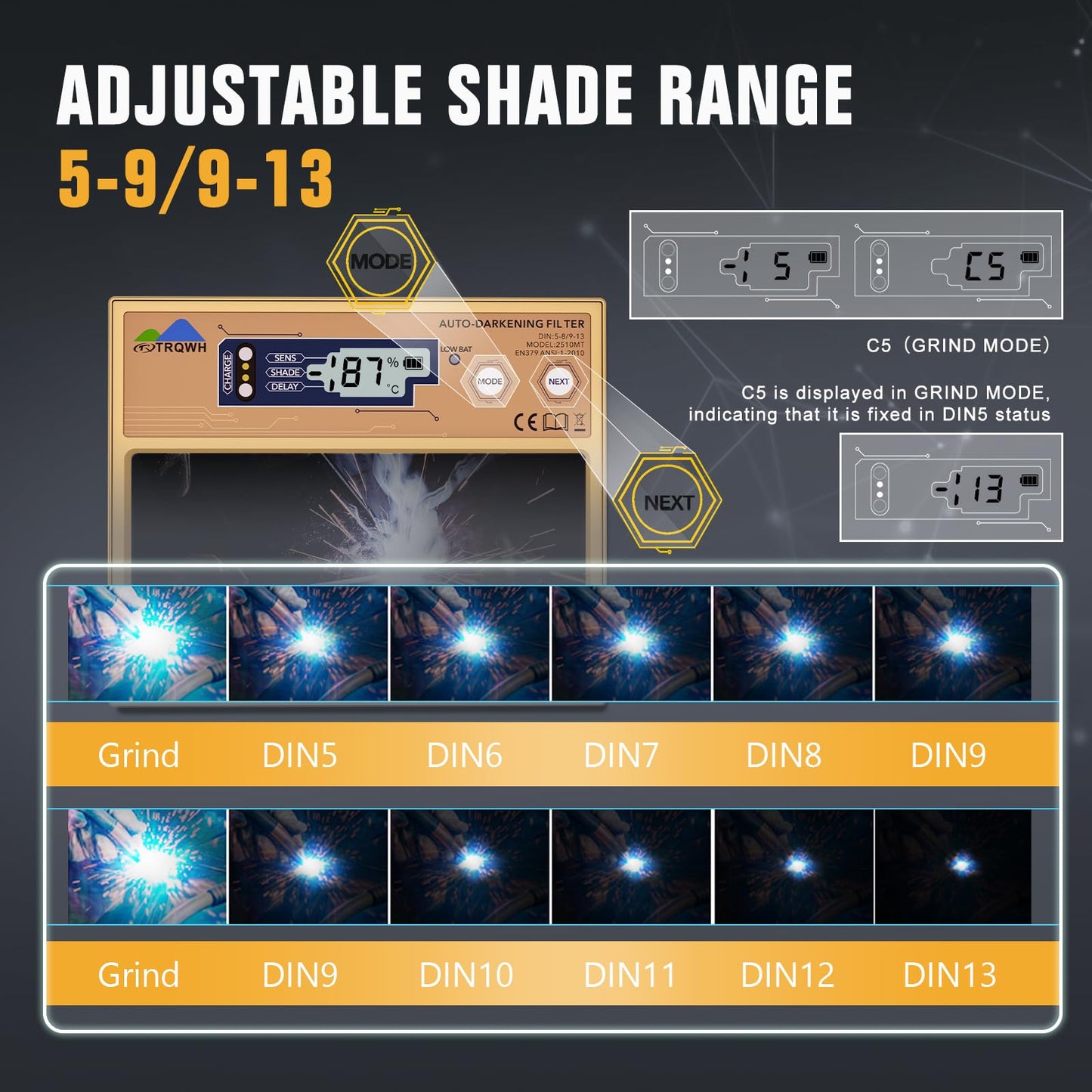 TRQWH Welding Helmet Digital Display Lens Auto Darkening 4.33x3.54in Metal Welding Lens with 2 Arc Sensor Adjustable Shade Range 4/9-13 Welding Hood True Color Lens, Gold