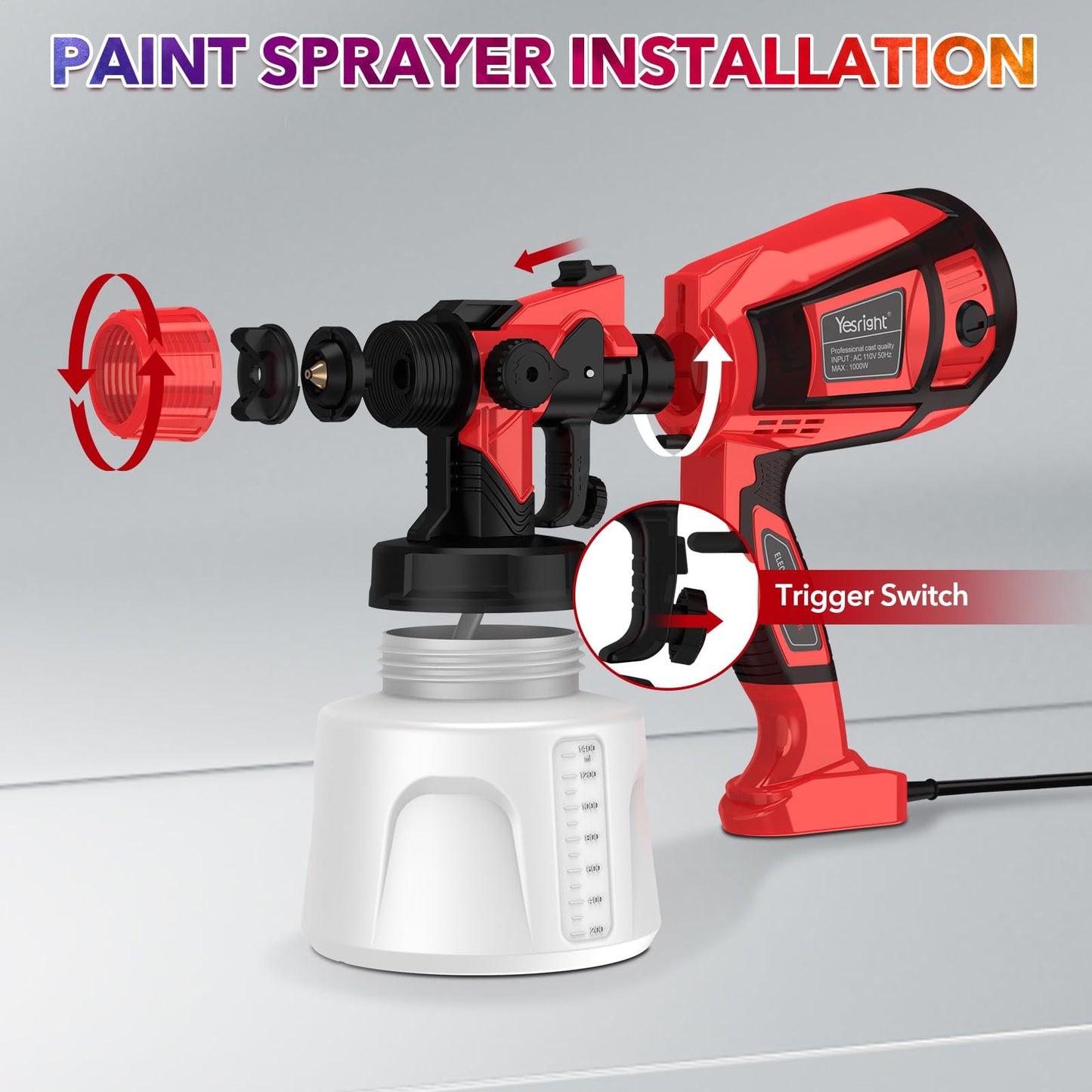 YesRight 1000W Paint Sprayer for House Painting 32000RPM Spray Paint Gun with Adjustable 3 Patterns, 1400ml High Capacity Electric Spray Gun with 6 Nozzles Goggles for Fence Furniture Cabinets Home