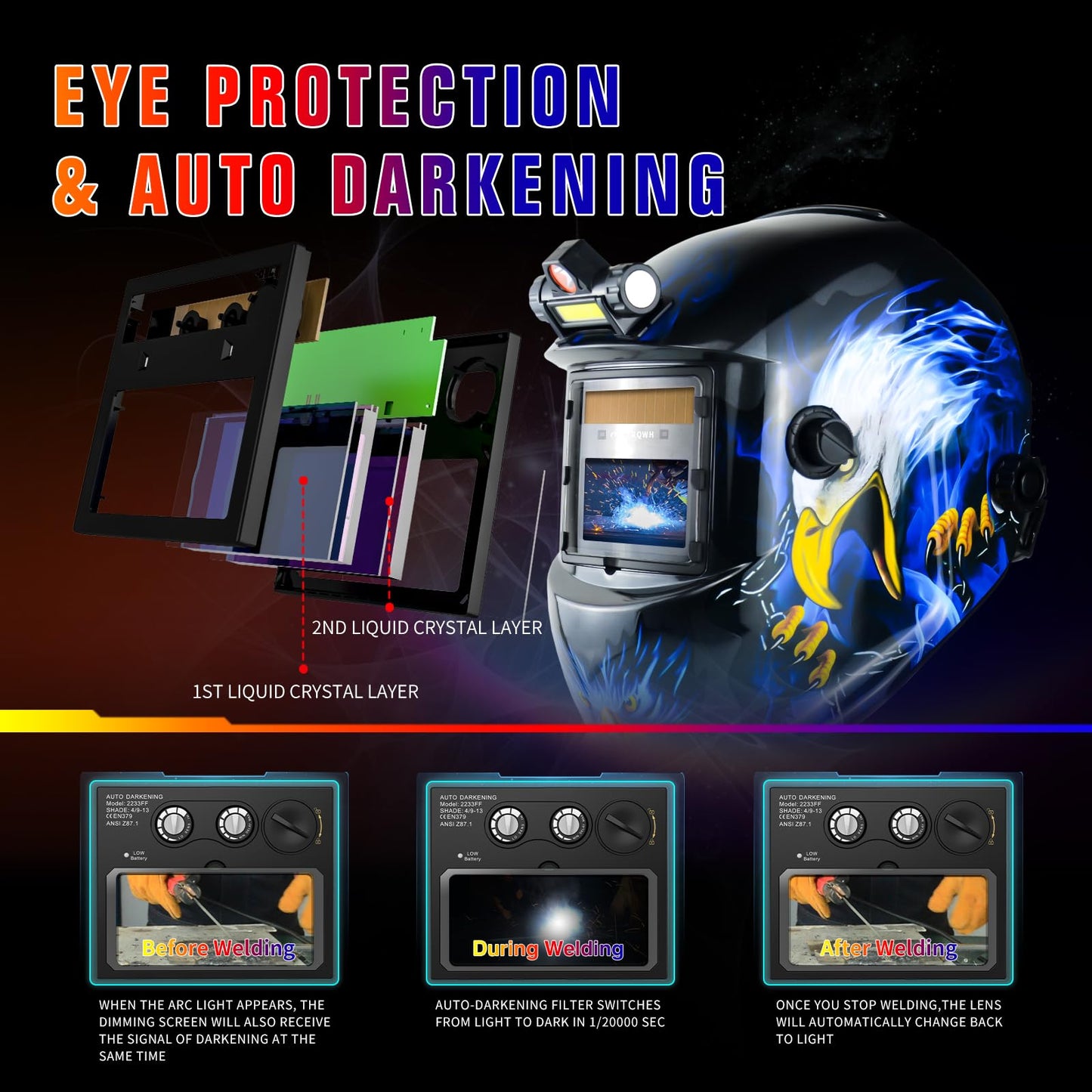 TRQWH Welding Helmet Welding Hood Auto Darkening Solar Powered True Color Welding Mask 2 Arc Sensor Wide Shade 9-13 Flaming Skull Welder Helmet with Grinding Cut for MIG TIG ARC