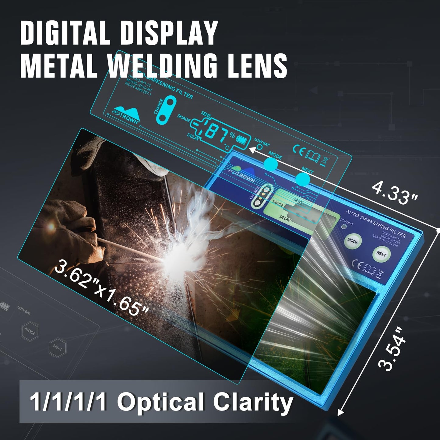 TRQWH Auto Darkening Welding Helmet Lens 4.33x3.54in True Color Solar Powered Digital Display Welding Lens Adjustable Shade Range 4/5-13 Automatic Metal Welding Lens, Blue