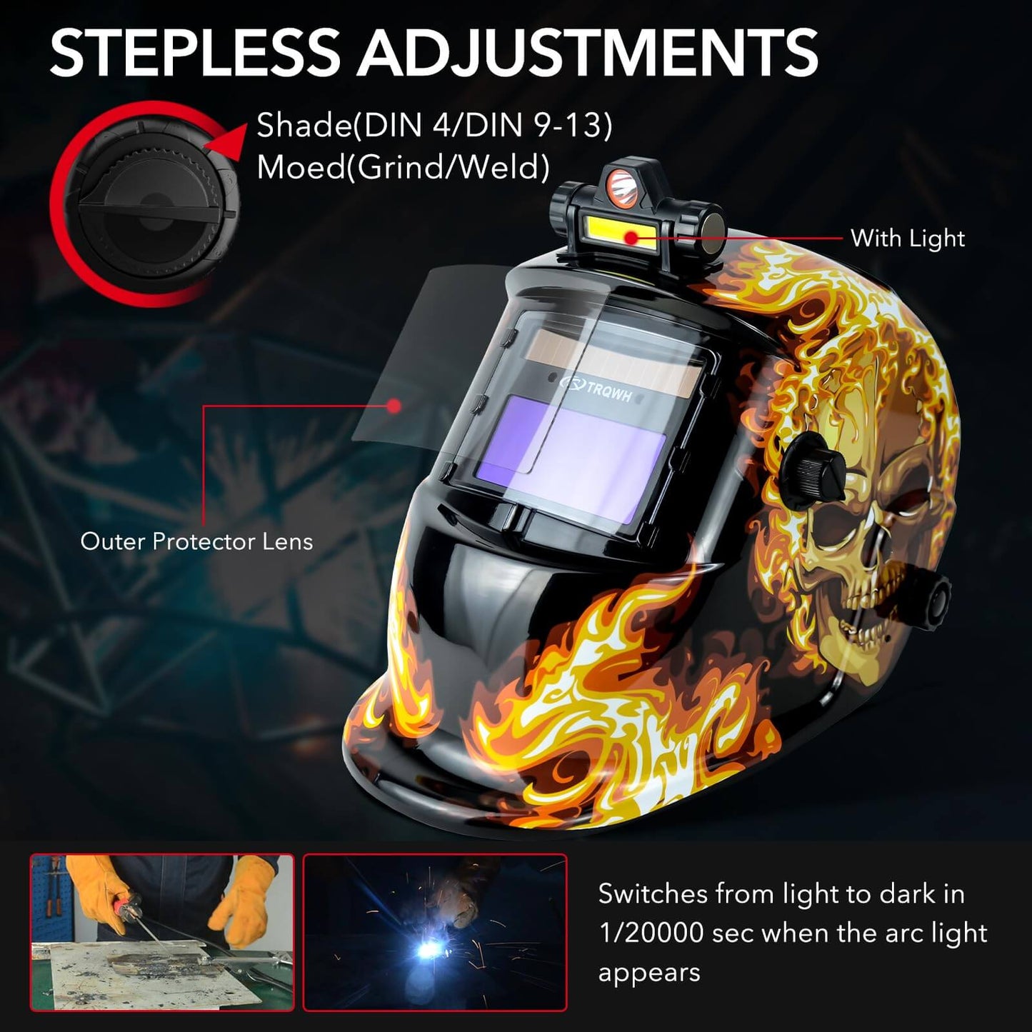 True Color Auto Darkening Welding Helmet & 3 Pcs 100% Cotton Welding Caps