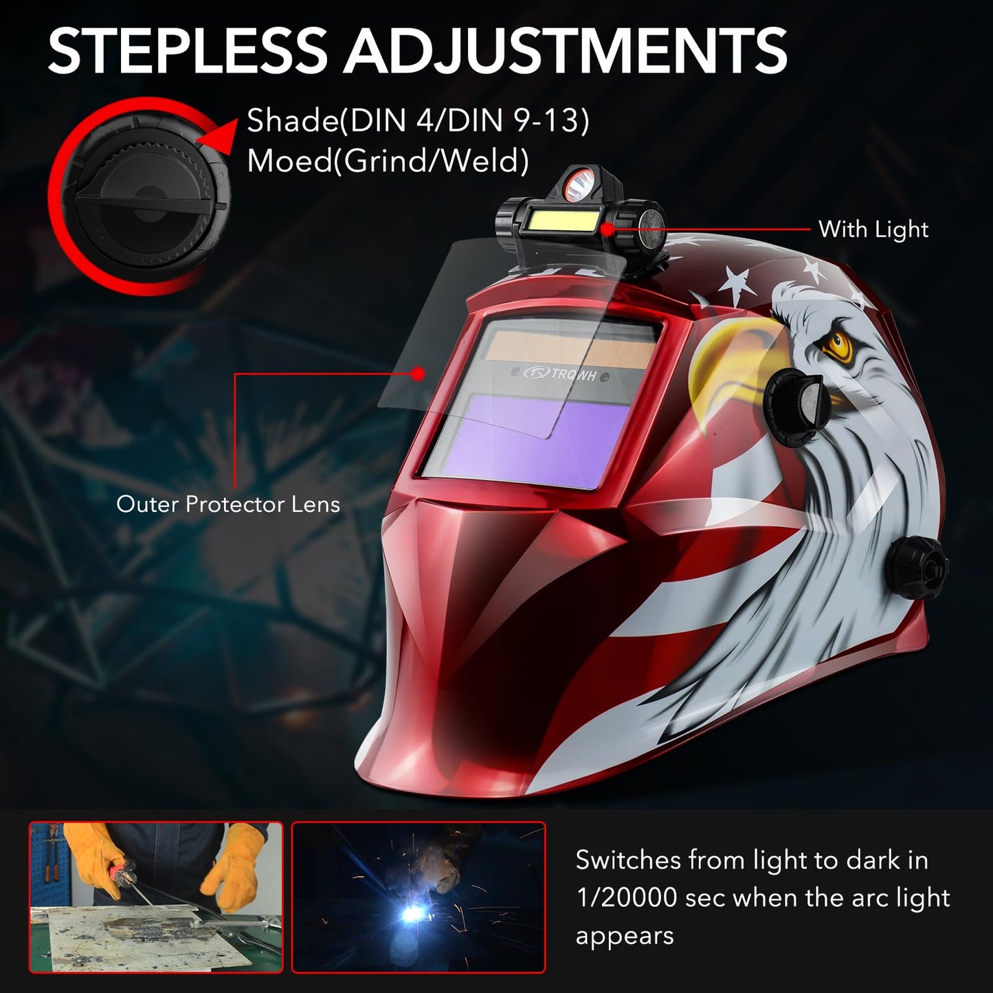 TRQWH Welding Hood Auto Darkening Welding Helmet with Light True Color 1/1/1/2 Top Optical Clarity Wide Shade 9-13 Welding Mask with Grinding Weld Helmet (KTS-JD14)