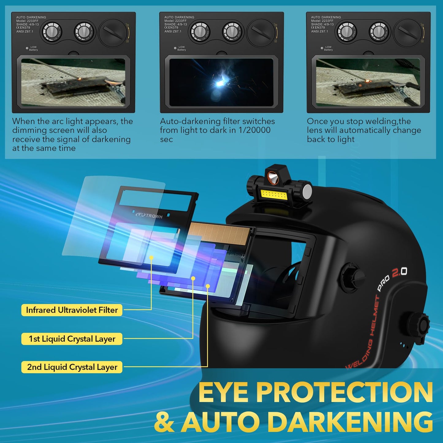 TRQWH Welding Helmet with Light True Color Auto Darkening Welding Helmets for Men Solar Powered Welding Hood with 2 Arc Sensor Wide Shade 4/9-13 for TIG MIG ARC Cool Welder Mask (TRQ-HS01)
