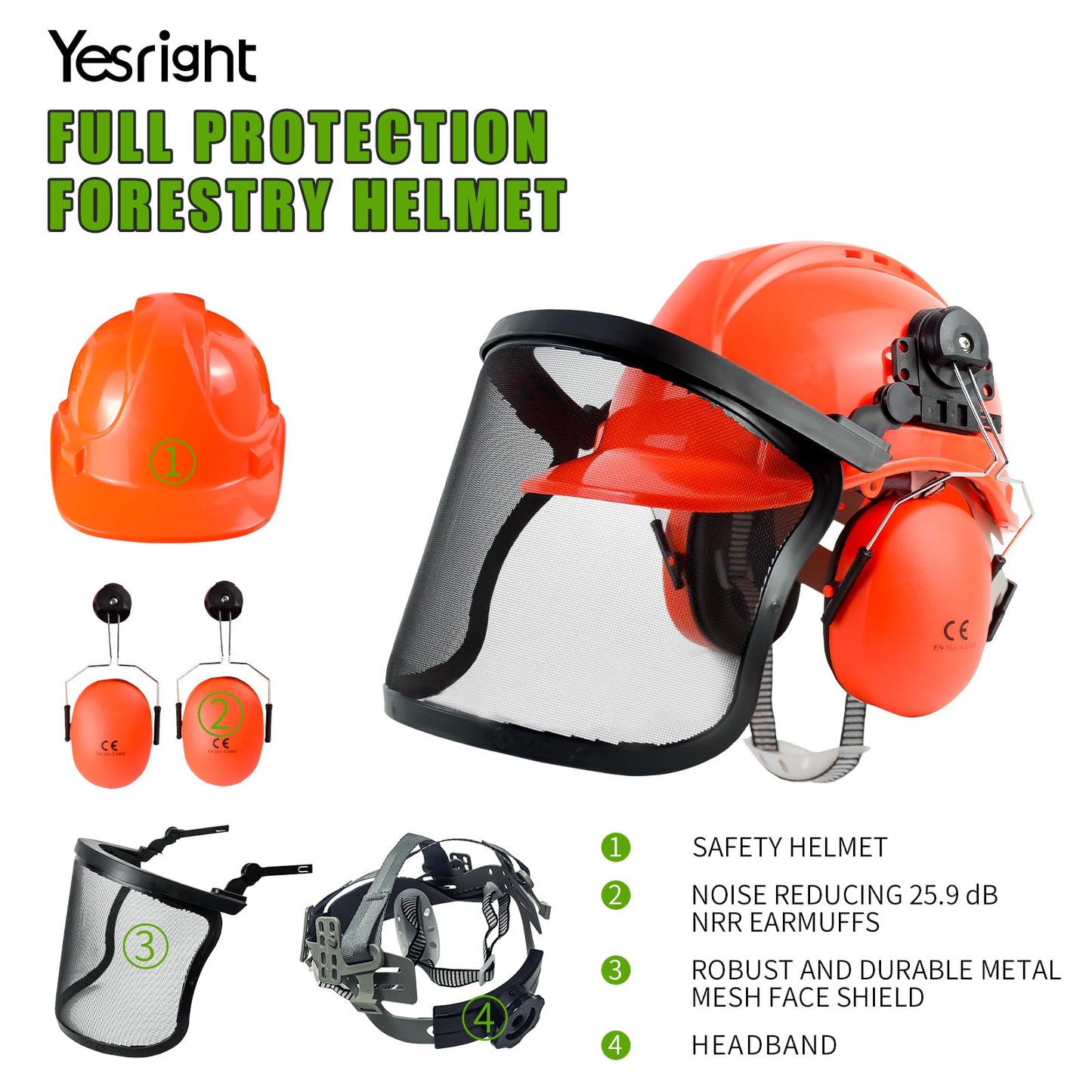 YesRight Chainsaw Helmet with Face and Ear Muffs, Forestry Safety Helmet for Mowing, Trimming, Yard Work, Landscaping, Construction and Weed Whacking