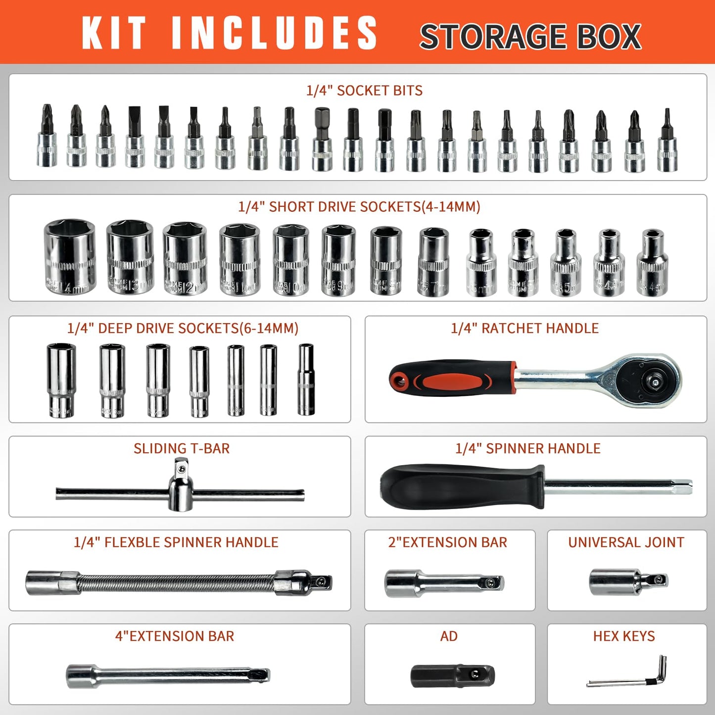 YesRight 53 Pieces Socket Wrench Set Drive Socket Set with 1/4 Inch Ratcheting Wrench Plastic Toolbox Storage Case for Automotive Repair And Home Use