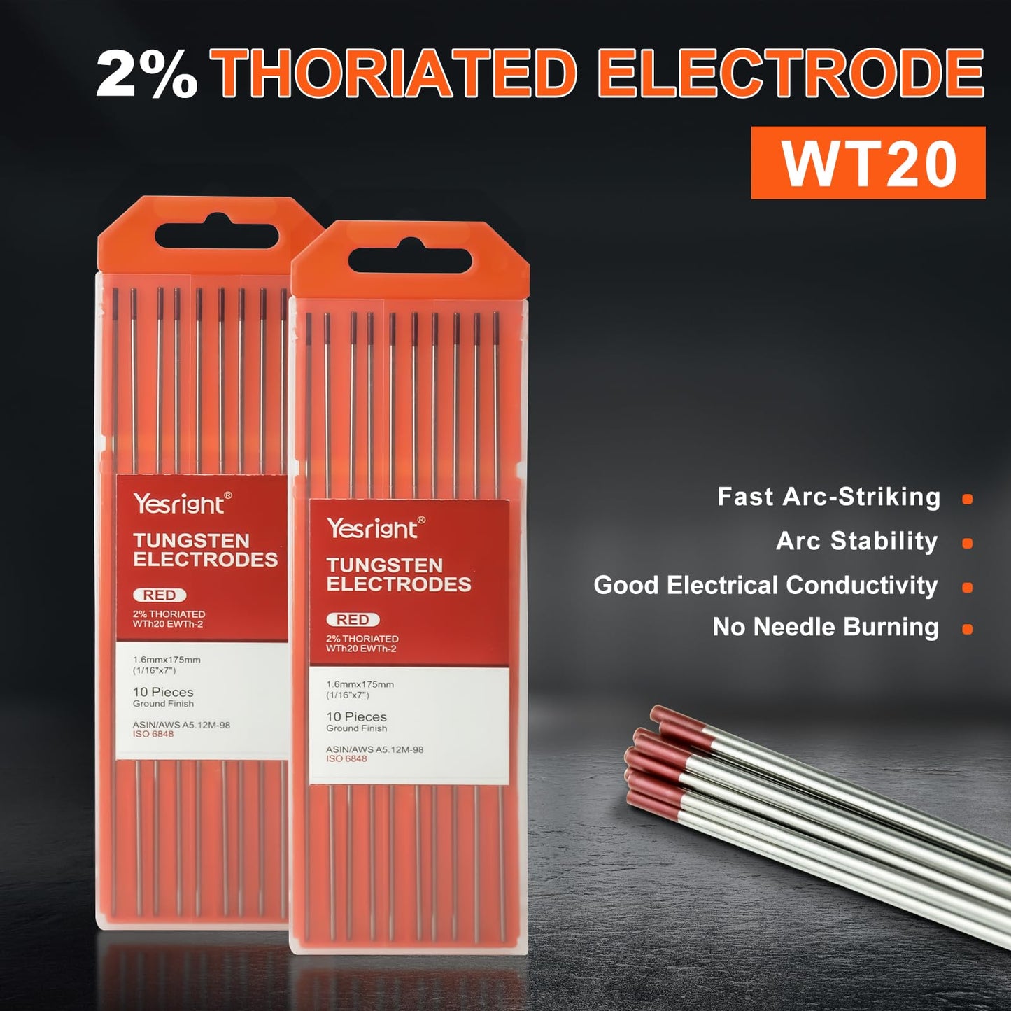 YesRight TIG Welding Tungsten Electrode 2% Thoriated Tig Welding Accessories for TIG Welding 1/16" x 7", 10-Pack