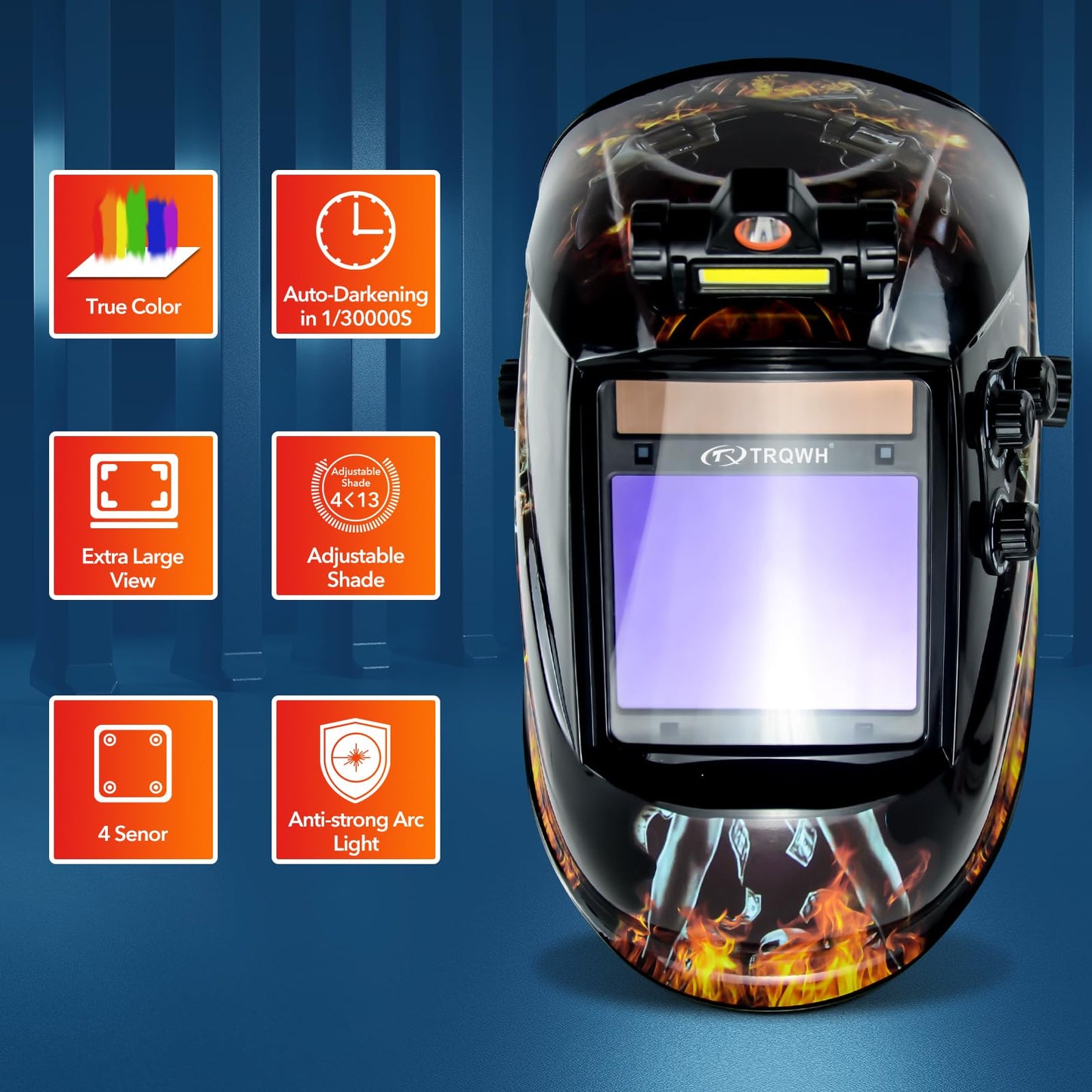 TRQWH Large View 3.94" x 3.15" Welding Helmet Auto Darkening Welding Hood with LED Light Solar Powered True Color 4 Arc Sensor Welding Mask Wide Shade 4/5-9/9-13 Weld Helmet with Grinding (KTS-QLS05)