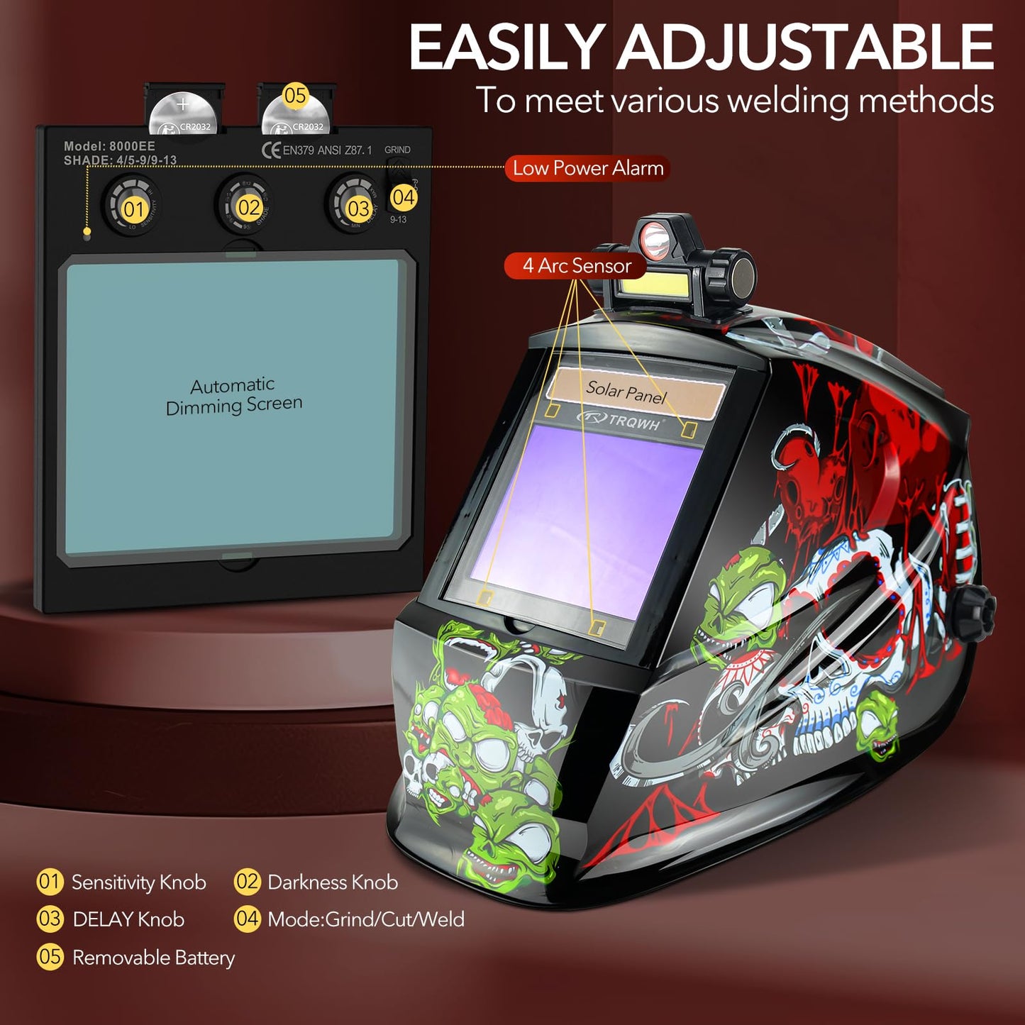TRQWH Welding Helmet Auto Darkening with LED Light Large View Solar Powered True Color Welding Hood 4 Arc Sensor Wide Shade 4/5-9/9-13 Welding Mask for TIG MIG Arc Weld Grinding (TRQWH-LE01)