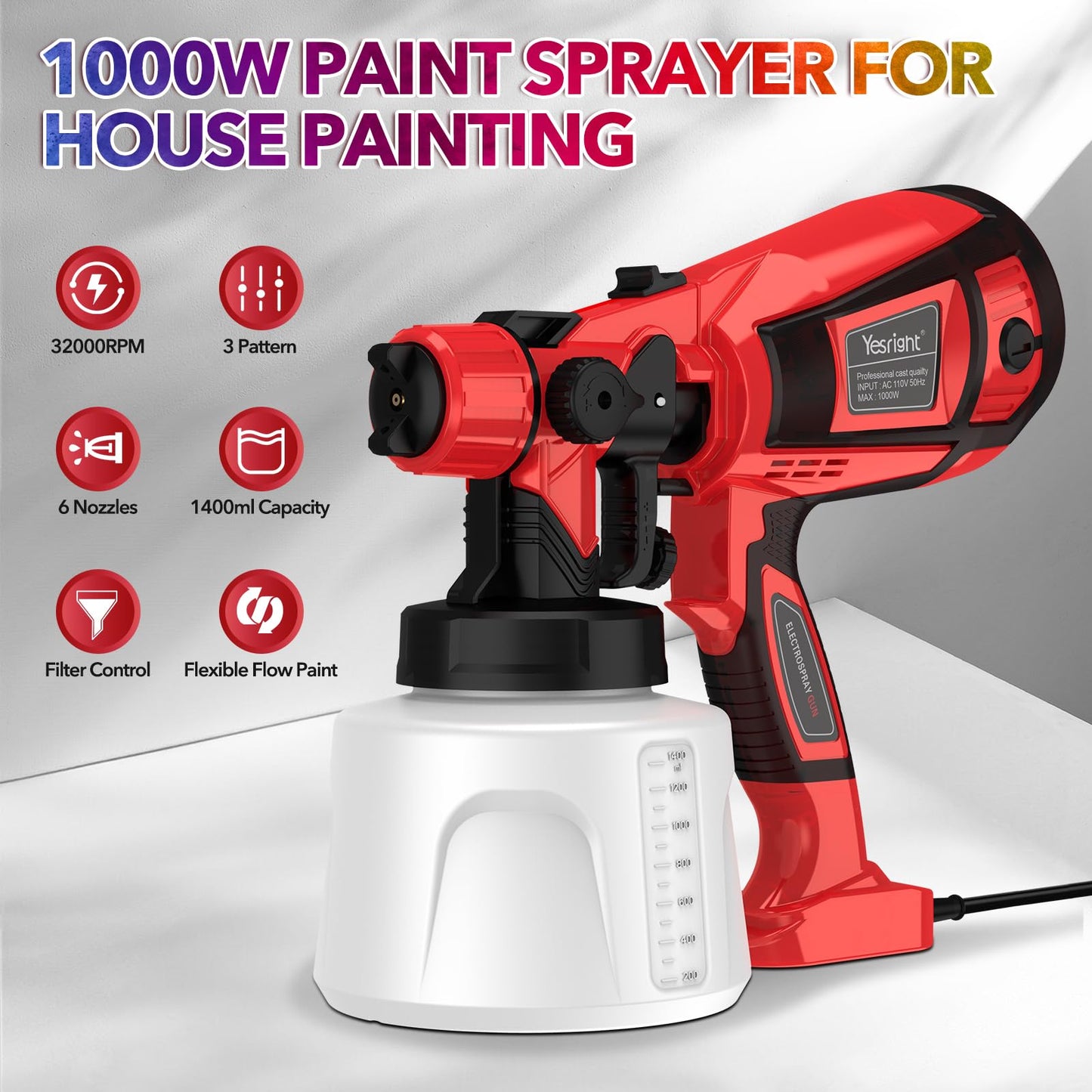 YesRight 1000W Paint Sprayer for House Painting 32000RPM Spray Paint Gun with Adjustable 3 Patterns, 1400ml High Capacity Electric Spray Gun with 6 Nozzles Goggles for Fence Furniture Cabinets Home