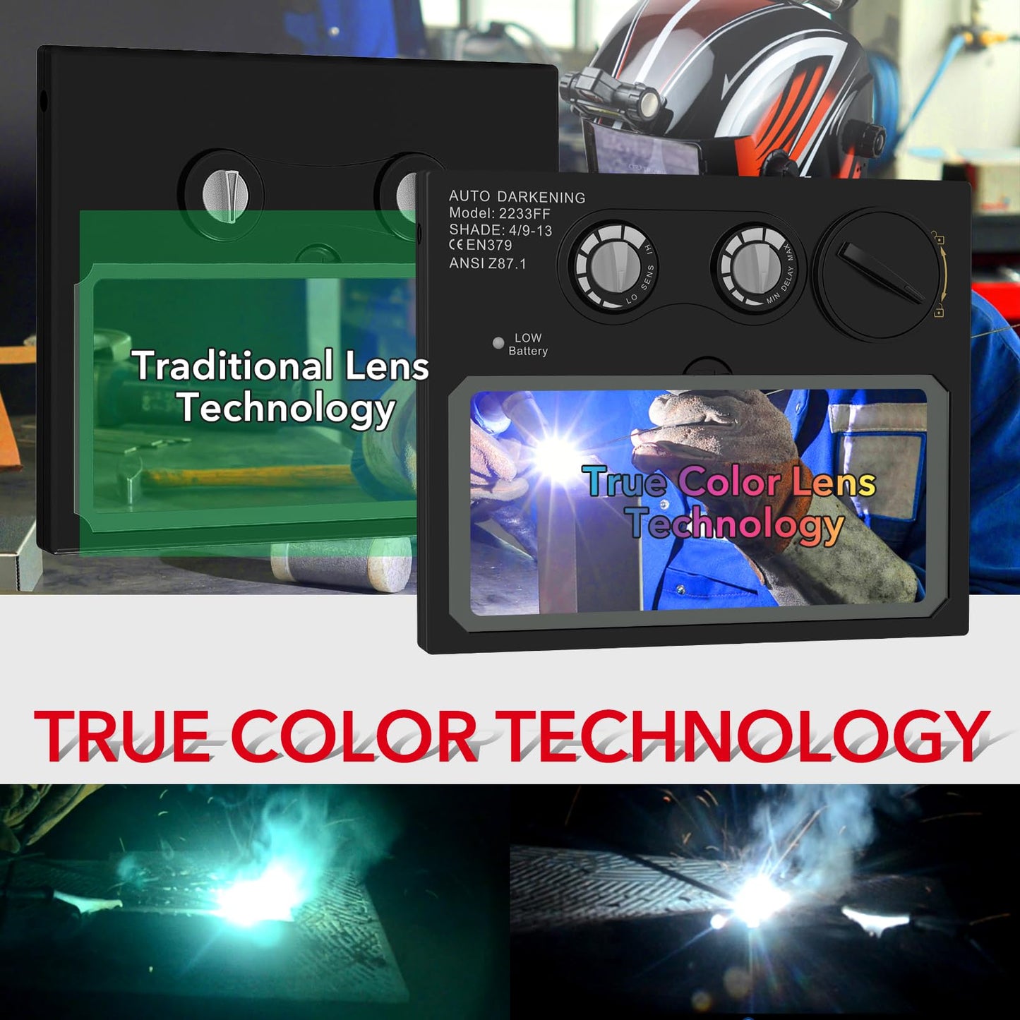 TRQWH Auto Darkening Welding Helmet for Men - True Color Solar Powered Welding Hood with 2 Arc Sensor Adjustable Wide Shade Range 4/9-13 Welder Mask for TIG MIG ARC Weld Plasma Cut Grinding