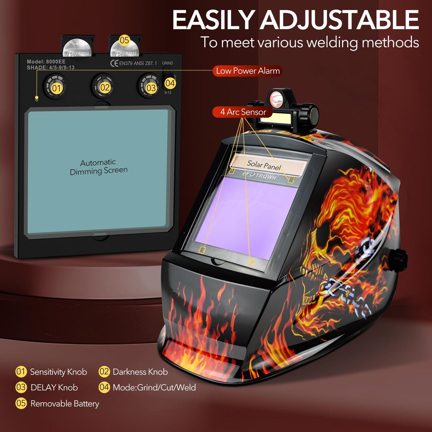 TRQWH Welding Helmet Auto Darkening with LED Light Large View Solar Powered True Color Welding Hood 4 Arc Sensor Wide Shade 4/5-9/9-13 Welding Mask for TIG MIG Arc Weld Grinding (TRQWH-LE02)