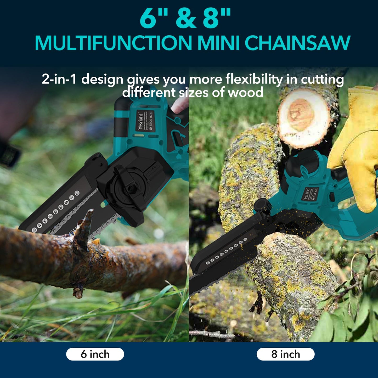 YesRight Mini Chainsaw 8 Inch & 6 Inch Electric Chain Saw with Auto-Oiler, Brushless Cordless Pruning Chainsaw with 2x4.0Ah Batteries & Security Lock for Wood Cutting Tree Trimming