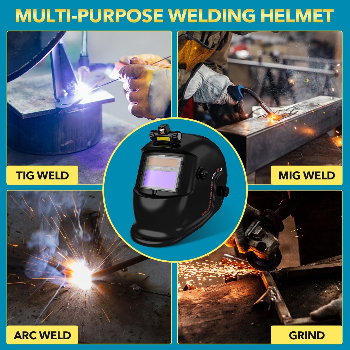 TRQWH Welding Helmet with Light True Color Auto Darkening Welding Helmets for Men Solar Powered Welding Hood with 2 Arc Sensor Wide Shade 4/9-13 for TIG MIG ARC Cool Welder Mask (TRQ-HS01)
