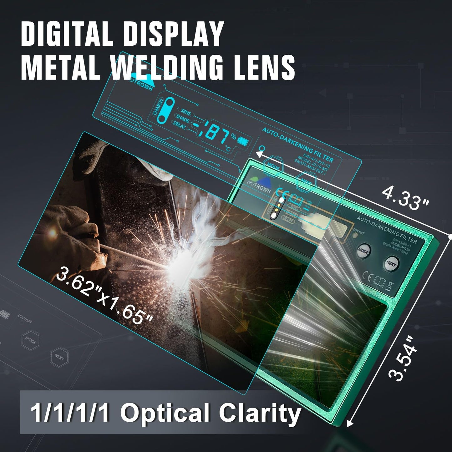TRQWH Auto Darkening HD Digital Display Welding Lens 4.33x3.54in True Color Technology Welding Helmet Lens Adjustable Shade Range 4/5-13 Automatic Metal Welding Lens for Welding Hood Parts, Green