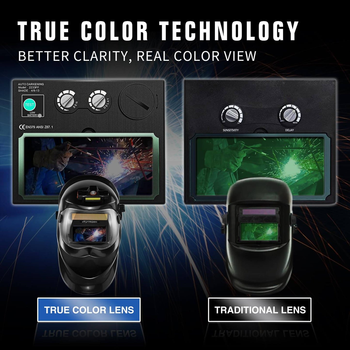 True Color Auto Darkening Welding Helmet with Light (Black)