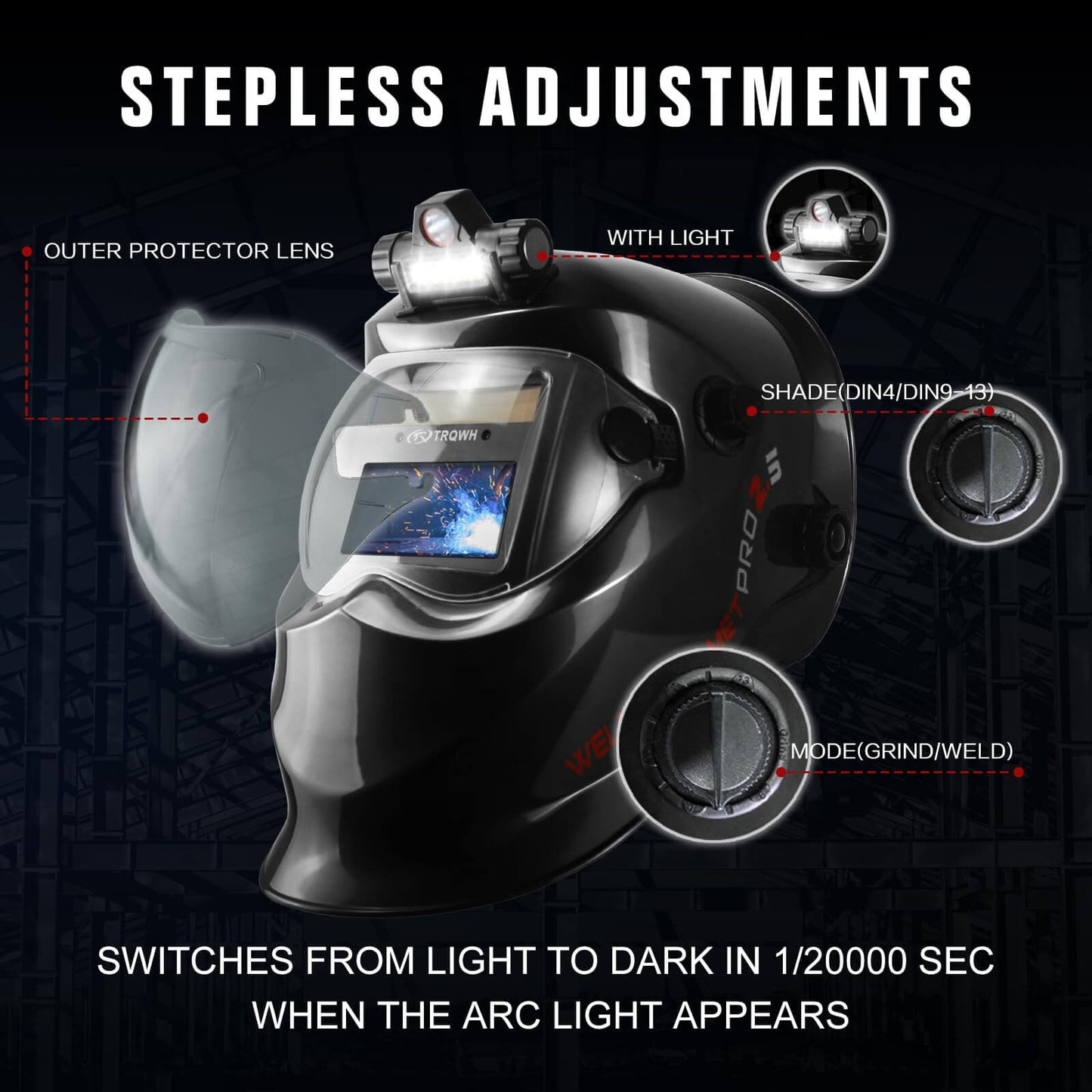 True Color Auto Darkening Welding Helmet with Light (Black)