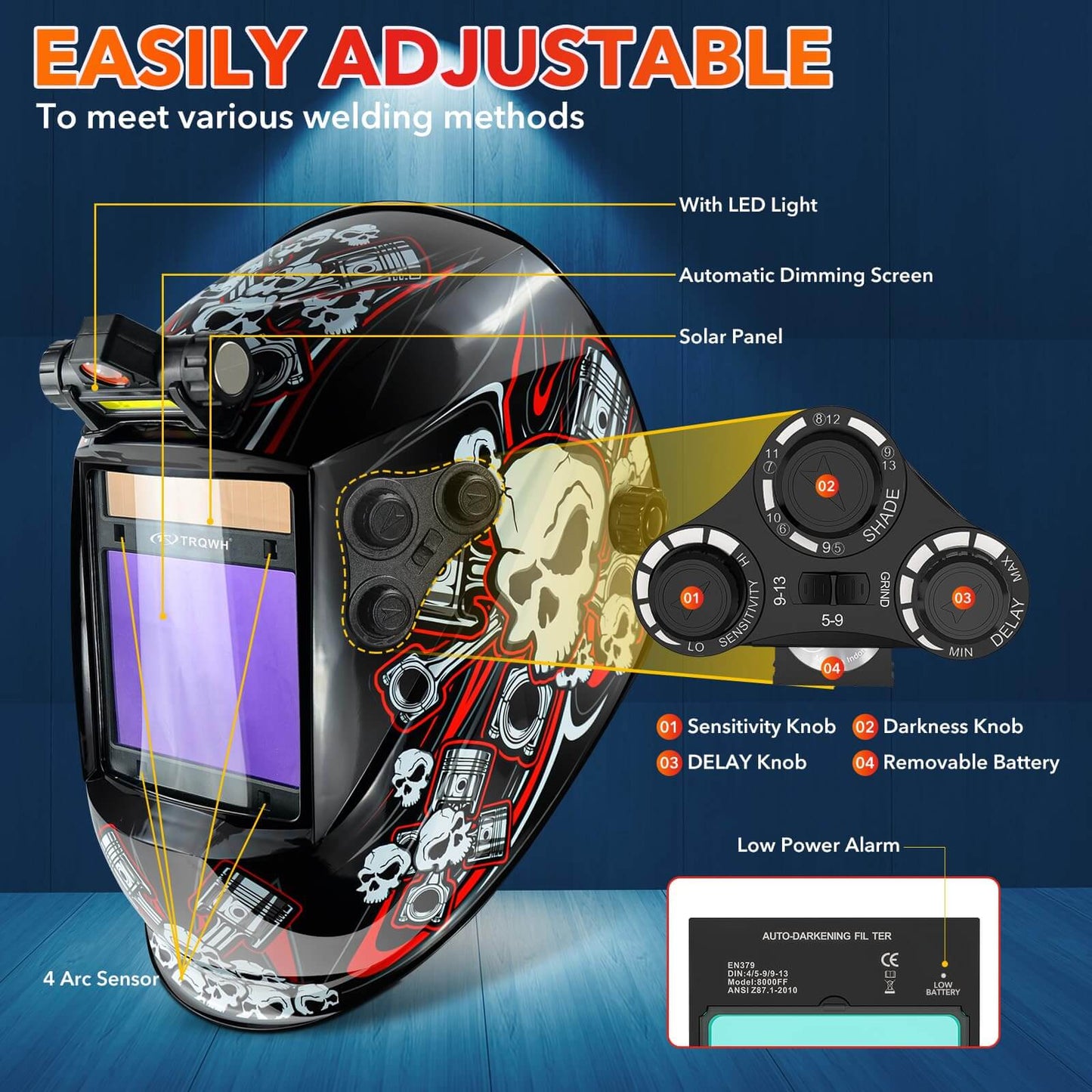 3.94" x 3.15" Large View Auto Darkening Welding Helmet