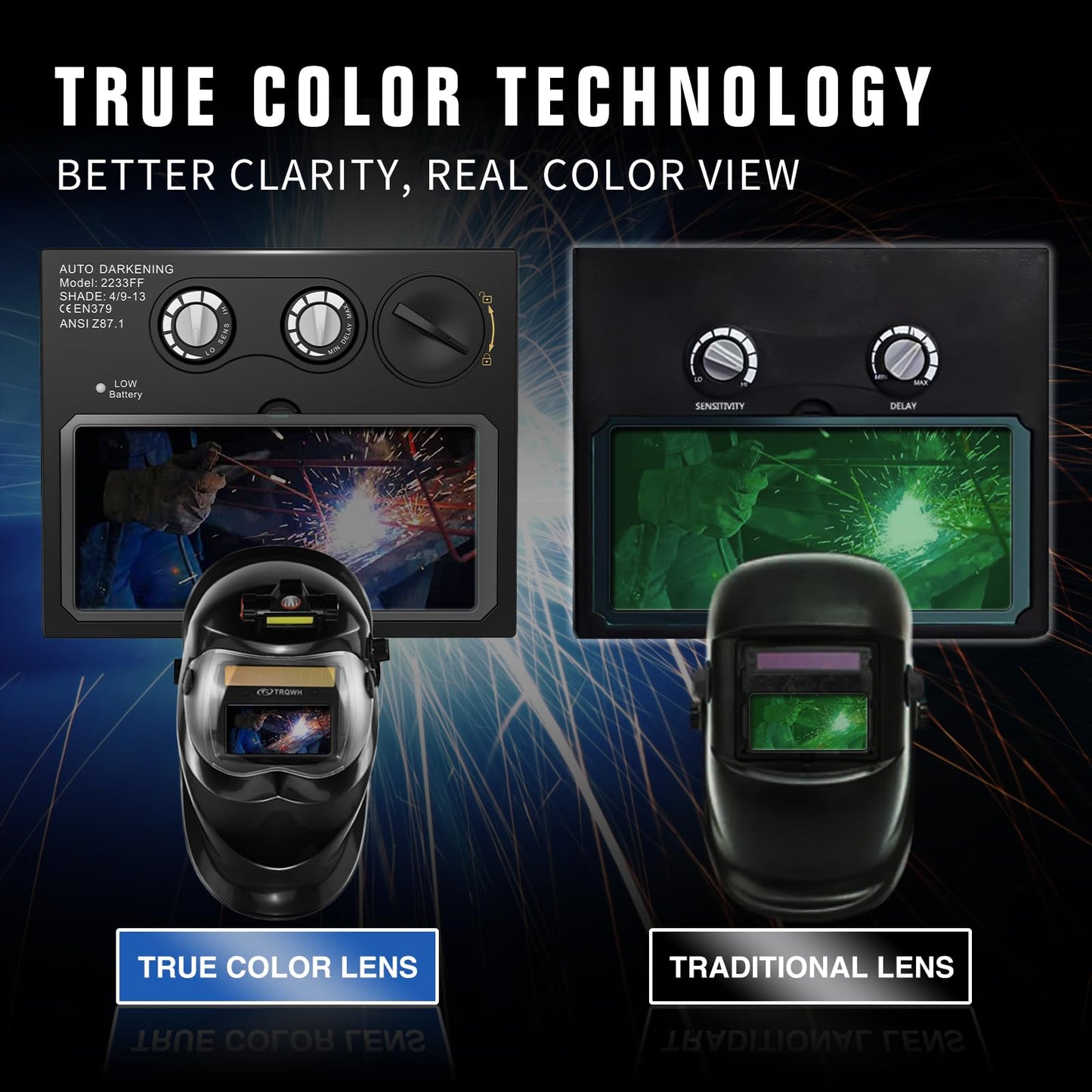 TRQWH Auto Darkening Welding Helmet with Light Solar Powered True Color Welding Hood 2 Arc Sensor Wide Shade 9-13 Welding Mask with Extra Grinding Mode Weld Helmet (KTS-KP01)