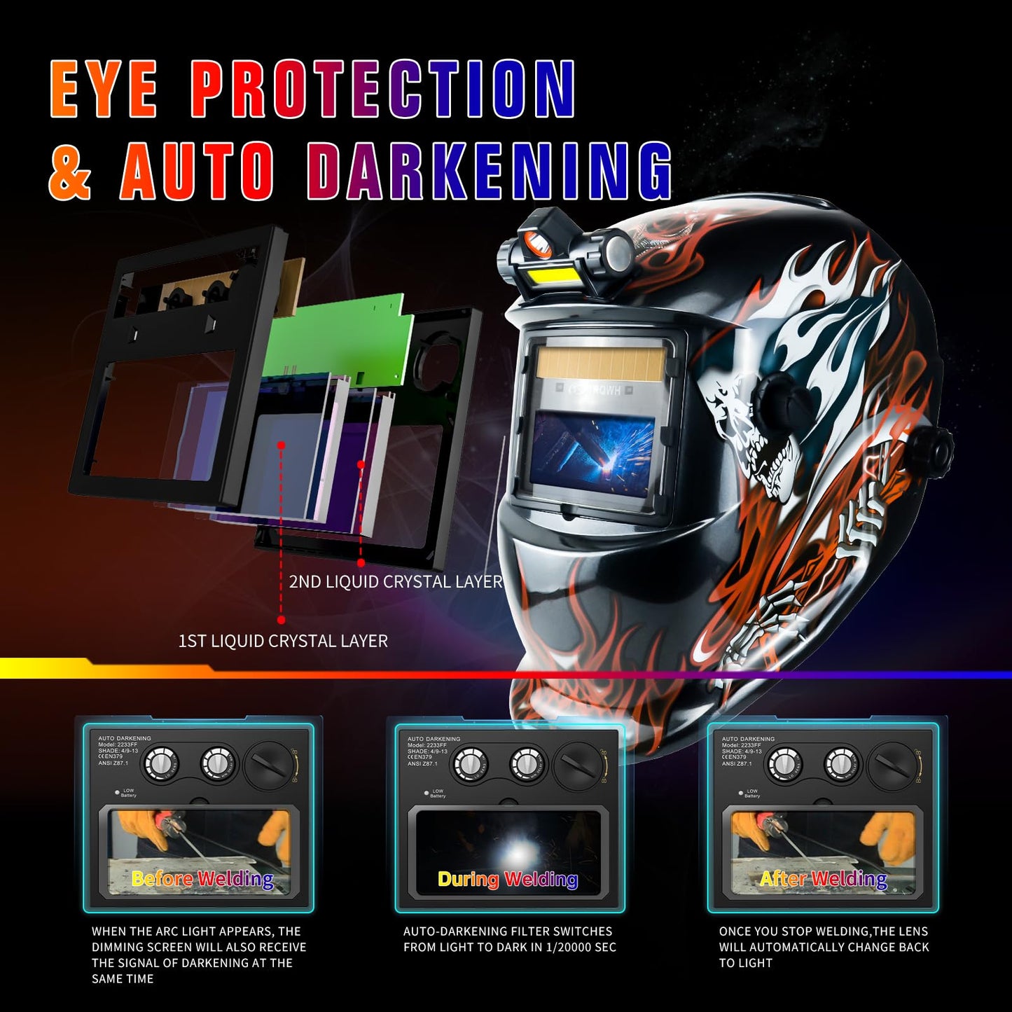 TRQWH Welding Helmet Auto Darkening Welding Hood Solar Powered True Color Welding Mask 2 Arc Sensor Wide Shade 9-13 Flaming Skull Welder Helmet with Grinding Cut for MIG TIG ARC