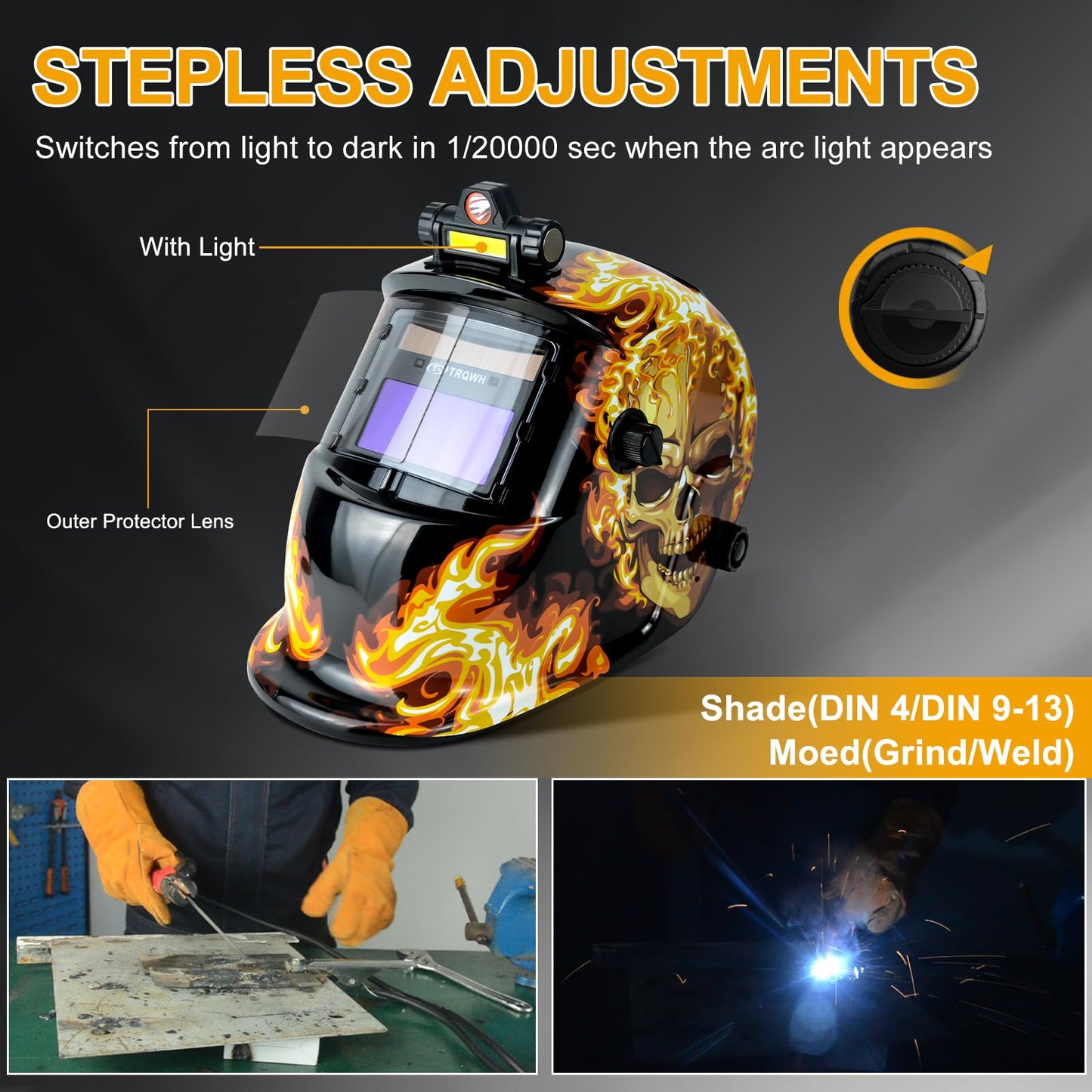 TRQWH Welding Hood Auto Darkening Welding Helmet with Light True Color 1/1/1/2 Top Optical Clarity Wide Shade 9-13 Welding Mask with Grinding Weld Helmet (KTS-HD104)