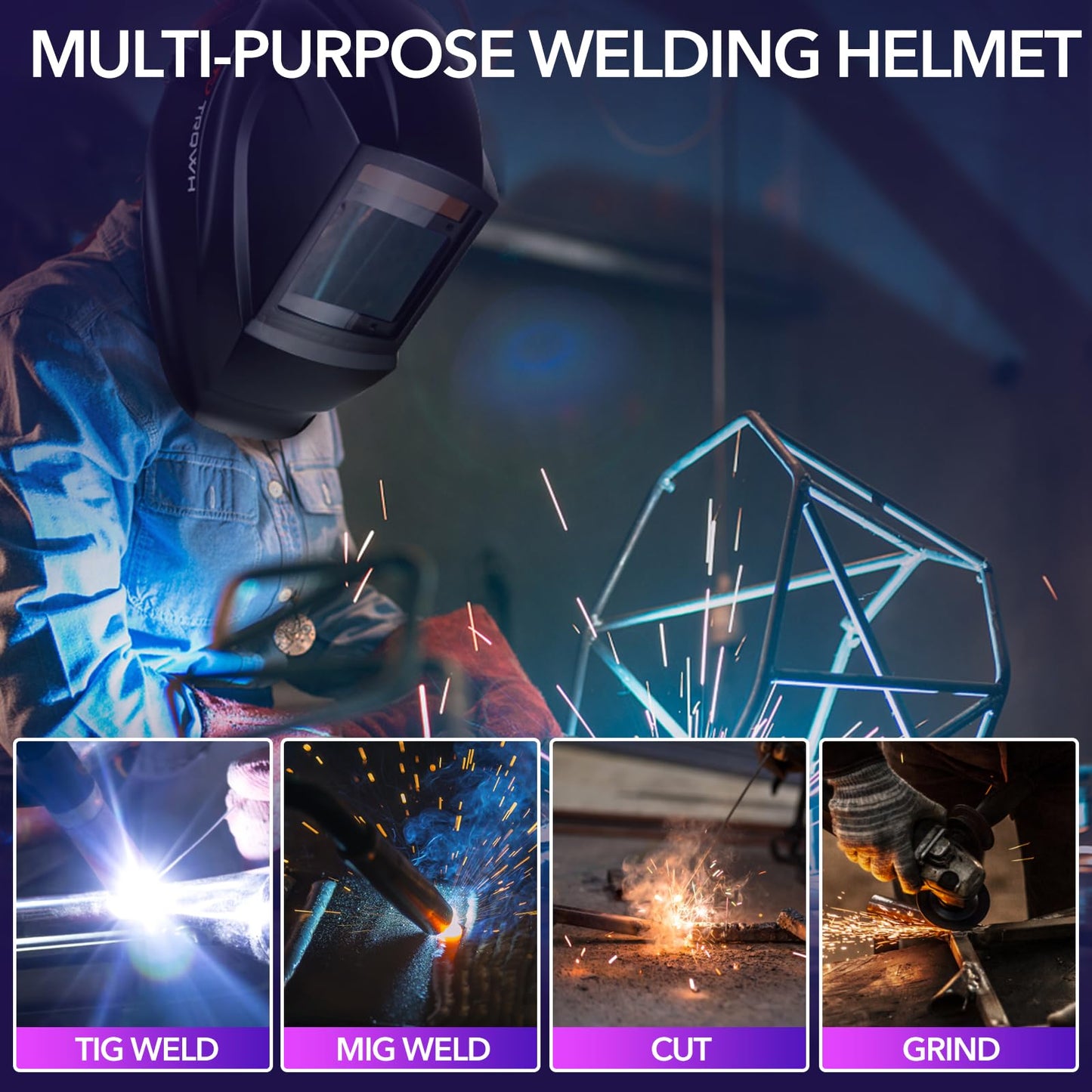 TRQWH Welding Helmet Auto Darkening Large Viewing True Color Solar Powered Welding Mask with 4 Arc Sensor Adjustable Wide Shade Range 4~5-8/9-13 Welder Mask with Grinding (TRQWH-LS01)