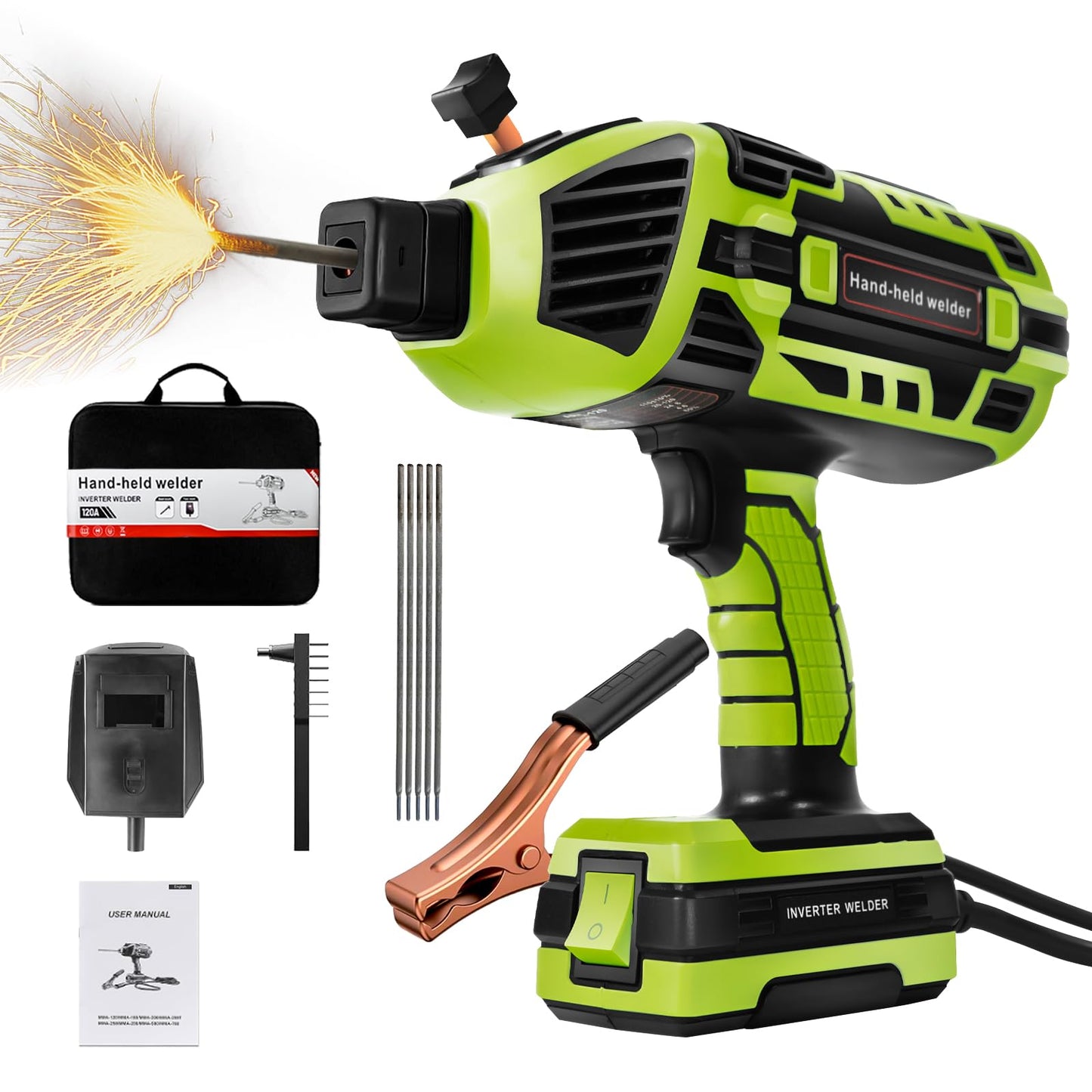 TRQWH Portable Welder Machine 110V ARC Handheld Welder IGBT Inverter Welding Gun Stick Welder 5 Variable Current Adjustment Hand Held Welding Machine, Fit for 1/16"-1/8" Welding Rods (Green)
