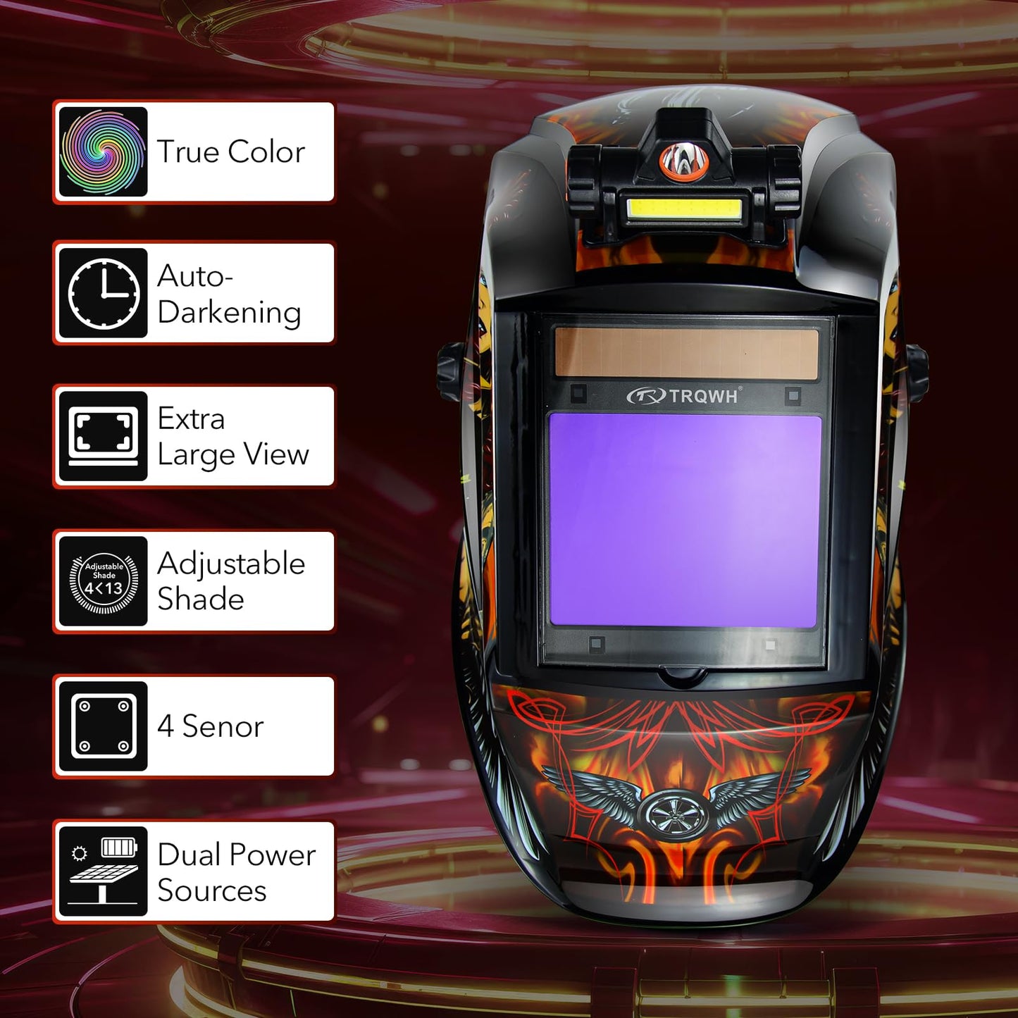 TRQWH Welding Helmet Auto Darkening Large Viewing True Color Solar Powered Welding Hood with 4 Arc Sensor Adjustable Wide Shade Range 4~5-8/9-13 Welder Mask for TIG MIG ARC Weld (TRQWH-LE05)