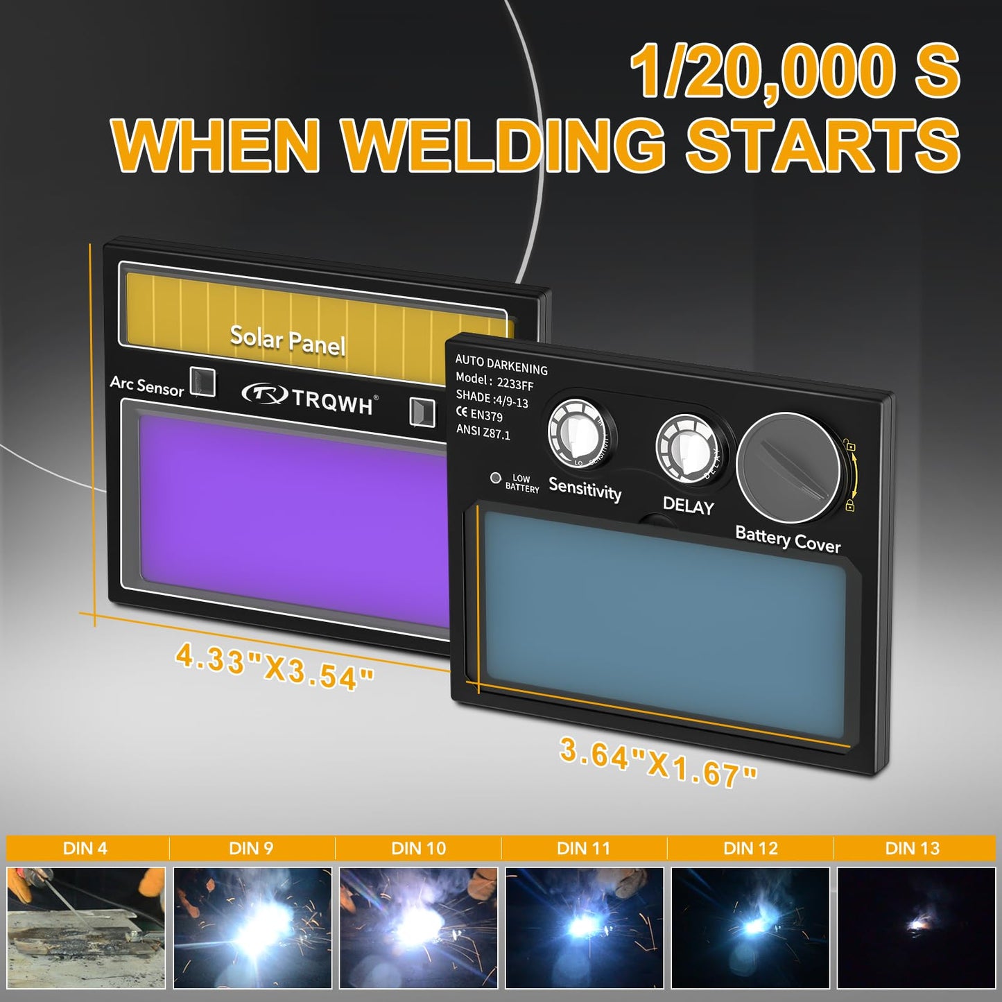 TRQWH Welding Hood Auto Darkening Welding Helmet with Light True Color 1/1/1/2 Top Optical Clarity Wide Shade 9-13 Welding Mask with Grinding Weld Helmet (KTS-HD104)
