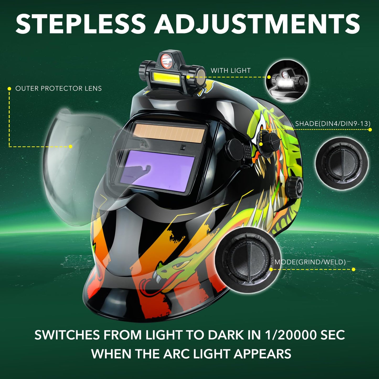 TRQWH Welding Helmet Auto Darkening Welding Hood with Light True Color 1/1/1/2 Top Optical Clarity Wide Shade 9-13 Welder Helmet Welding Mask with Grinding (KTS-KD15)