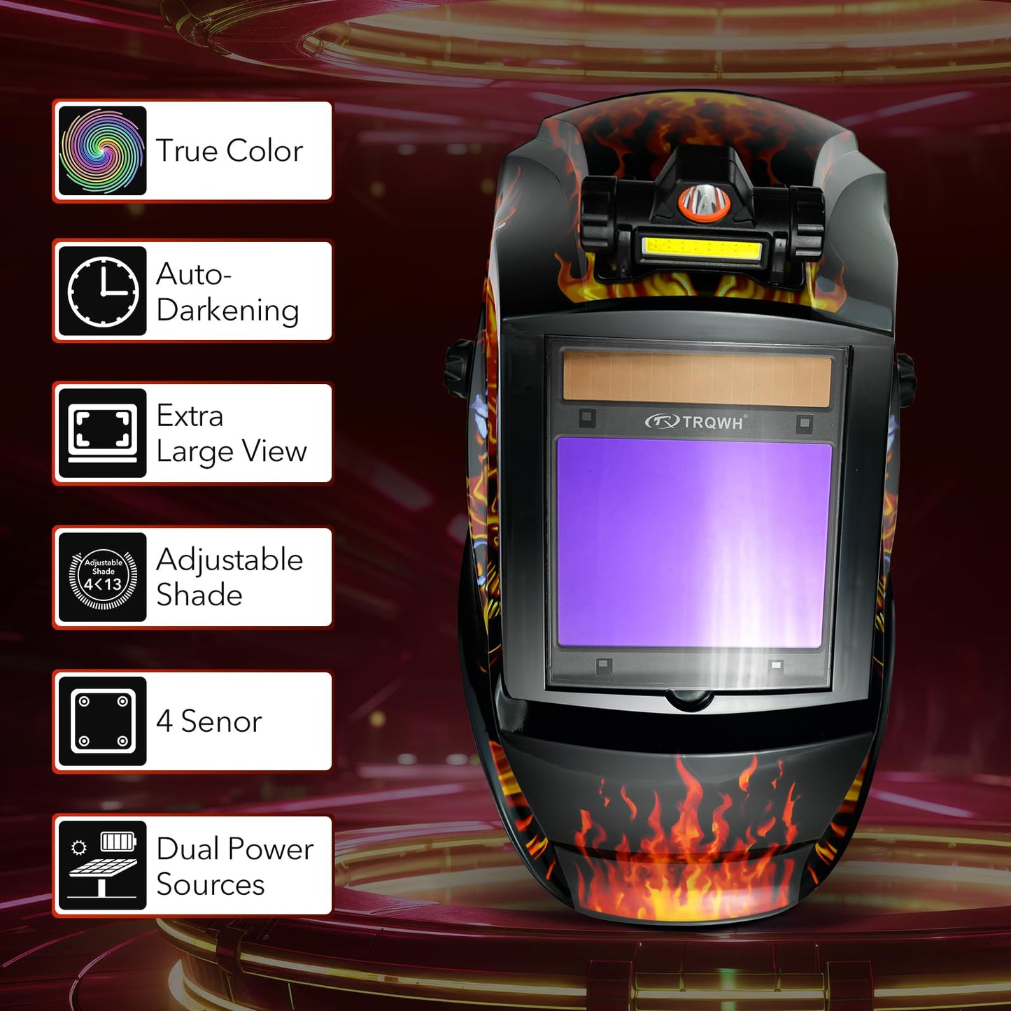 TRQWH Welding Helmet Auto Darkening with LED Light Large View Solar Powered True Color Welding Hood 4 Arc Sensor Wide Shade 4/5-9/9-13 Welding Mask for TIG MIG Arc Weld Grinding (TRQWH-LE02)