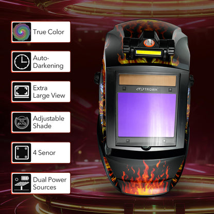 TRQWH Welding Helmet Auto Darkening with LED Light Large View Solar Powered True Color Welding Hood 4 Arc Sensor Wide Shade 4/5-9/9-13 Welding Mask for TIG MIG Arc Weld Grinding (TRQWH-LE02)