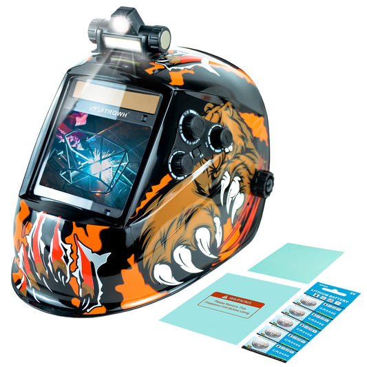 TRQWH Large View 3.94" x 3.15" Welding Helmet Auto Darkening Welding Hood with LED Light Solar Powered True Color 4 Arc Sensor Welding Mask Wide Shade 4/5-9/9-13 Weld Helmet with Grinding (KTS-QLS06)