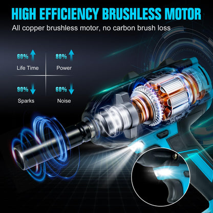 YesRight 1000N.m Cordless Impact Wrench 1/2", 4800RPM High Torque Gun With 2x 4.0Ah Battery, Brushless Electric Wrench With LED Work Light for Truck Car Home Mower