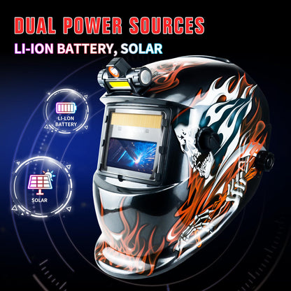TRQWH Welding Helmet Auto Darkening Welding Hood Solar Powered True Color Welding Mask 2 Arc Sensor Wide Shade 9-13 Flaming Skull Welder Helmet with Grinding Cut for MIG TIG ARC