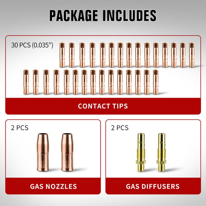 YesRight Mig Welding Gun Accessory, 0.035" Welder Replacement Kit for Lincoln Magnum 100L Tweco Mini/#1, 30pcs Welding Tips 0.035" + 2pcs Gas Nozzles + 2pcs Gas Diffuser