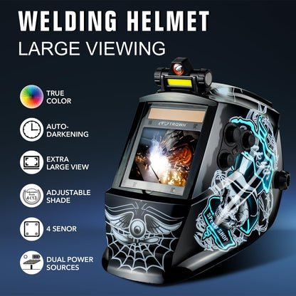 TRQWH Welding Helmet Auto Darkening Large Viewing True Color Solar Powered Welding Mask with 4 Arc Sensor Adjustable Wide Shade Range 4~5-8/9-13 Welder Mask with Grinding (TRQWH-LD14)