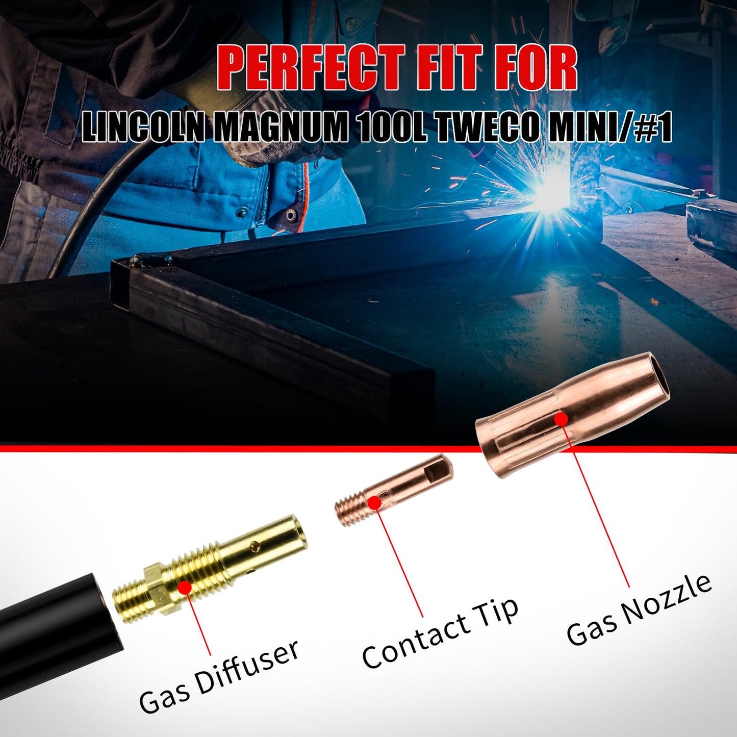 YesRight Mig Welding Gun Accessory, 0.035" Welder Replacement Kit for Lincoln Magnum 100L Tweco Mini/#1, 30pcs Welding Tips 0.035" + 2pcs Gas Nozzles + 2pcs Gas Diffuser