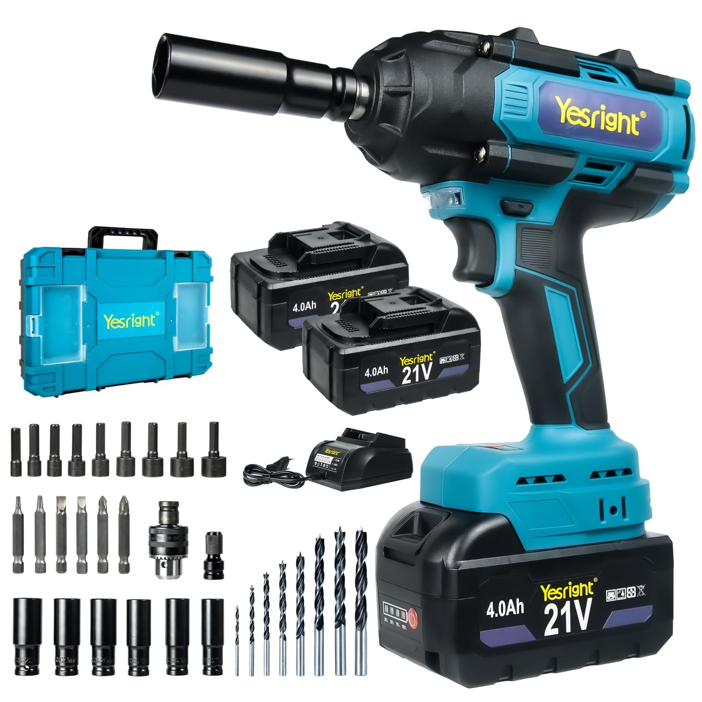 YesRight 1000N.m Cordless Impact Wrench 1/2", 4800RPM High Torque Gun With 2x 4.0Ah Battery, Brushless Electric Wrench With LED Work Light for Truck Car Home Mower