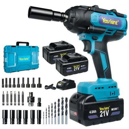 YesRight 1000N.m Cordless Impact Wrench 1/2", 4800RPM High Torque Gun With 2x 4.0Ah Battery, Brushless Electric Wrench With LED Work Light for Truck Car Home Mower
